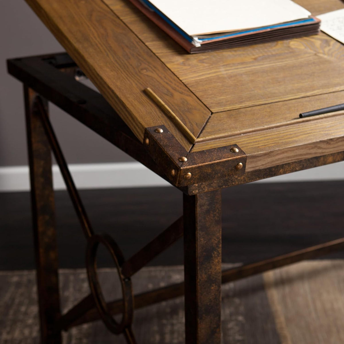 SEI FURNITURE Knightley Tilt Top Drafting Table - 51.5 inch Wide - Oak Wood Finish w/ Antique Brass, Brown