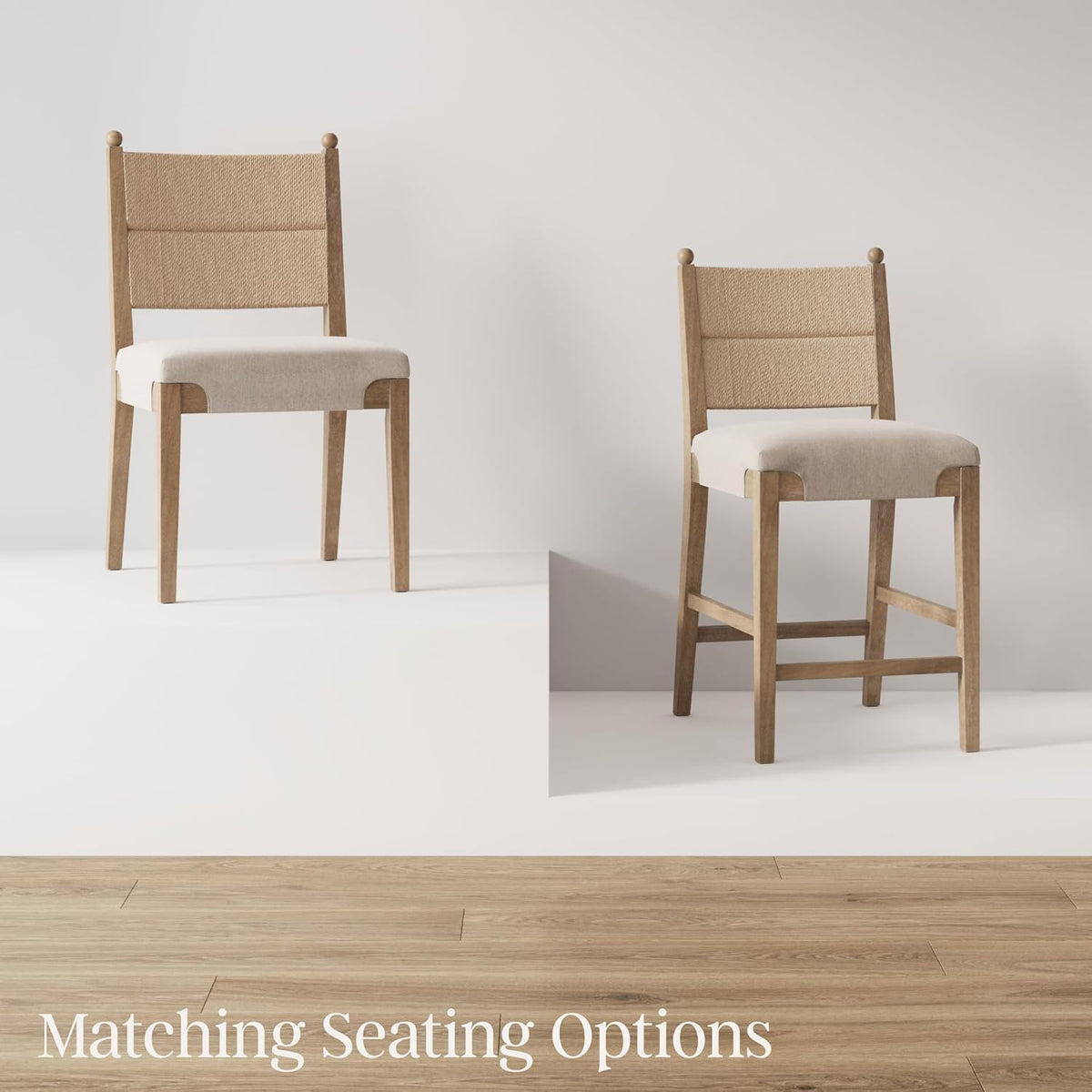 Nathan James Cove Boho Solid Wood Dining Chair with Woven Seagrass Back and Upholstered Seat, Flax/Light Brown Set of 6