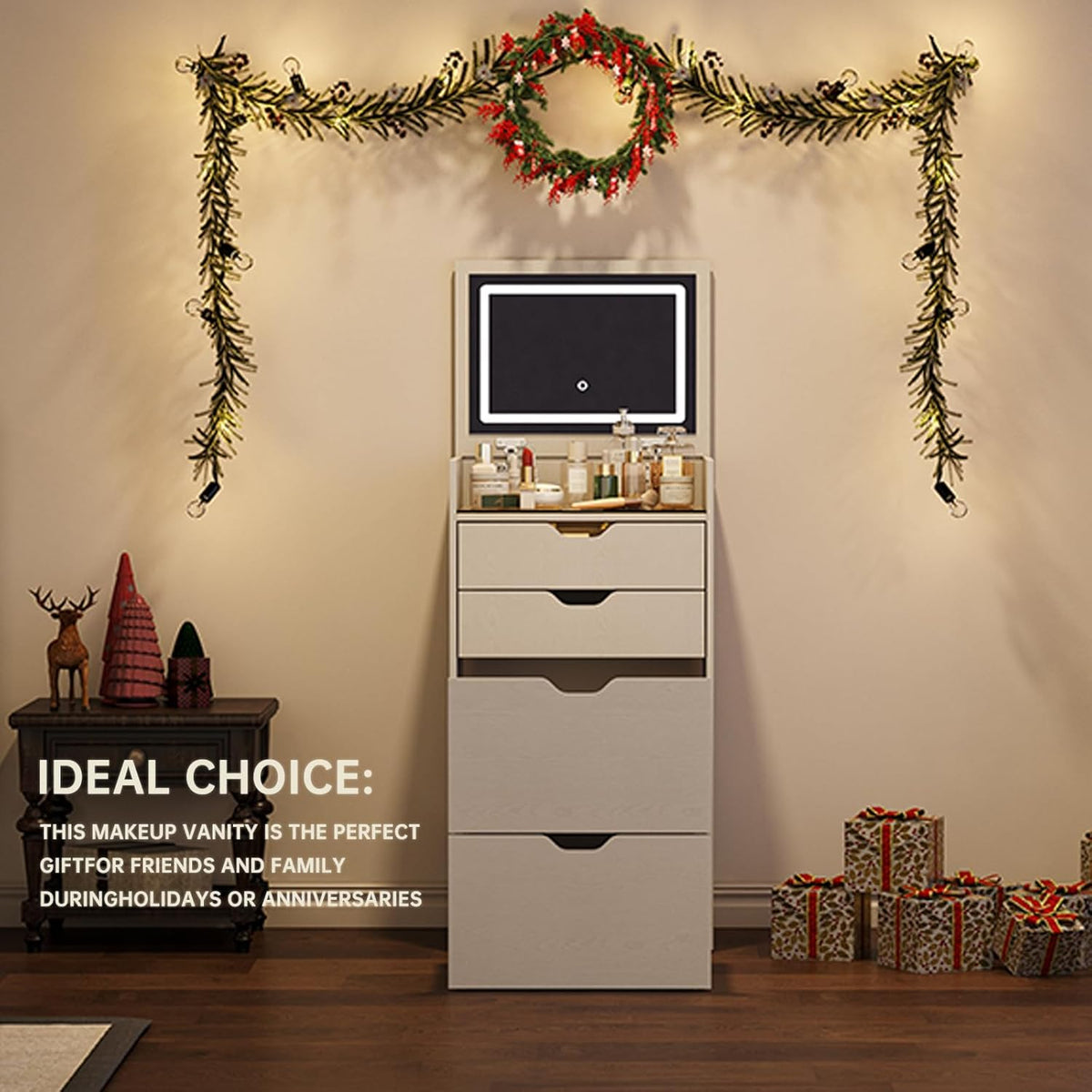 3-in-1 Vanity with Mirror and Lights, Modern Compact Vanity Table with 3 Storage Drawer, Small Makeup Vanity Desk, Dressing Table with Cushioned Stool for Bedroom, Cloakroom (Flip vanity White)