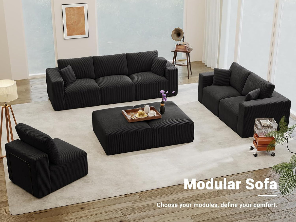 Modular Sleeper Sofa Couch Modern Sectional Couches for Living Room - 79" L-Shaped Cloud Couch - Easy Assembly Corduroy Convertible Sponge Compression Sofas with Chaise for Home House(Black)