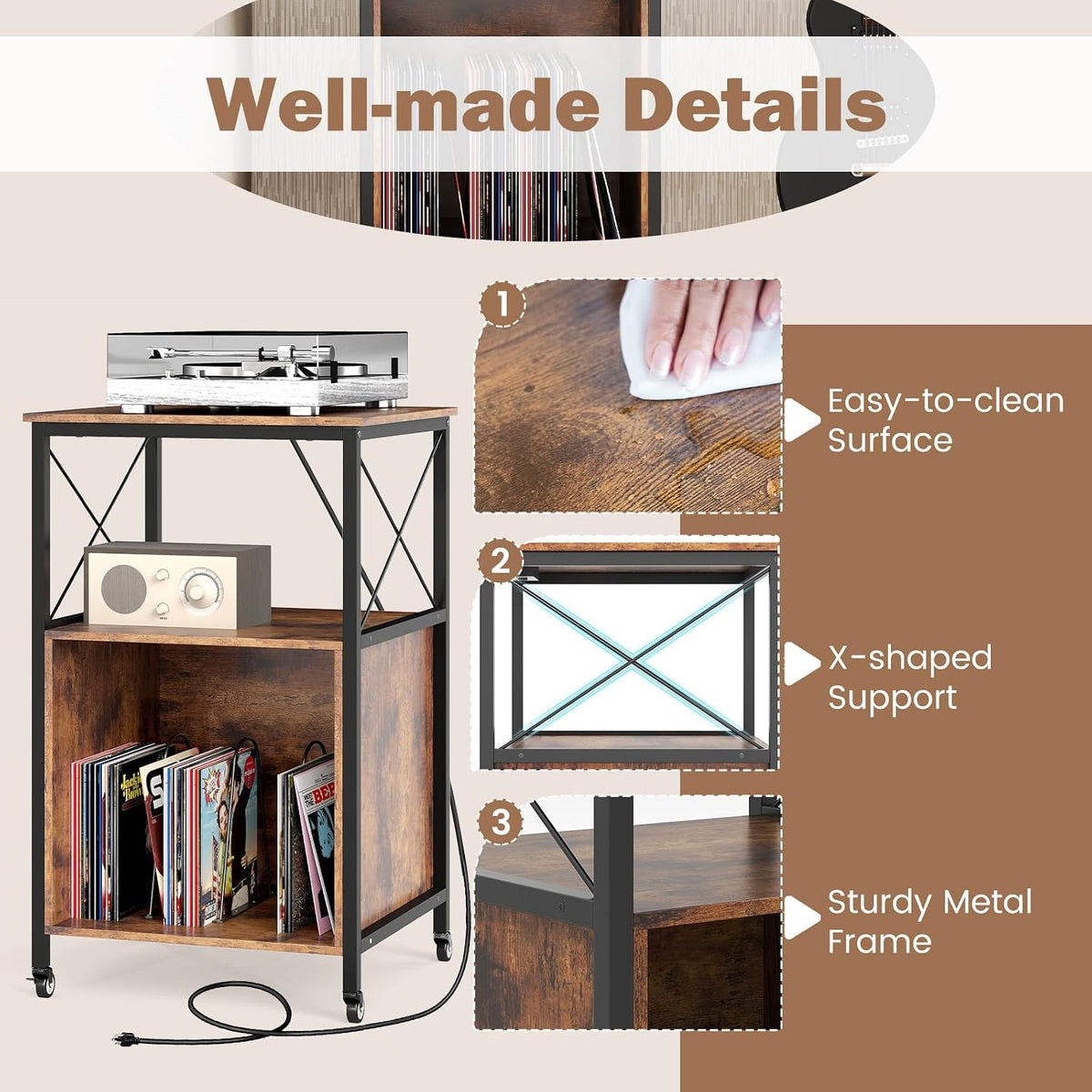 LOKO 3-Tier Rolling Record Player Stand, Mobile Turntable Stand with Power Outlet, Open Shelf & Dividers, Metal Frame, Industrial Vinyl Record Storage Table on Wheels for Living Room, Bedroom
