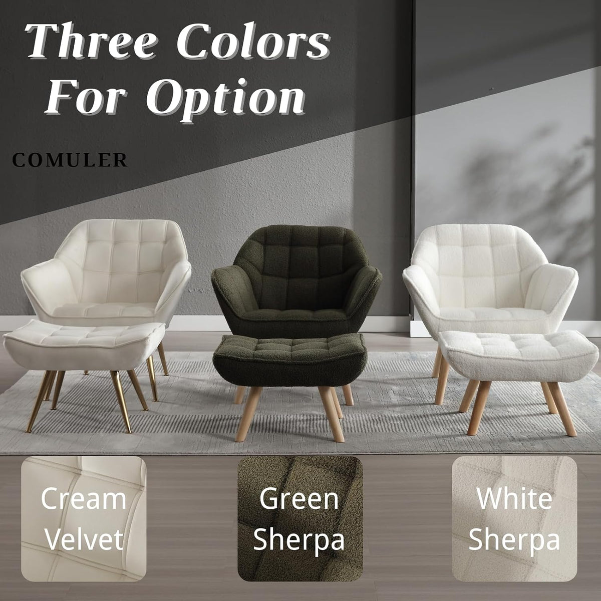 White Sherpa Accent Chair with Ottoman ,Modern Reading Chairs with Ottoman Set, Comfy Fuzzy Armchair Living Room Chair Lounge Chair with Wood Legs for Small Spaces Bedroom Apartment