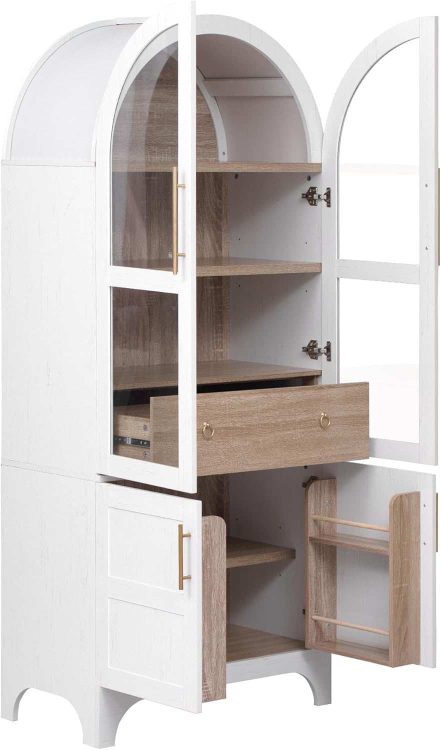 71" Farmhouse Tall Arched Kitchen Pantry Cabinet with Adjustable Shelves and Hidden Drawer, Anti-Tipping Storage Cupboard with Glass Door for Kitchen, Dining Room (White)