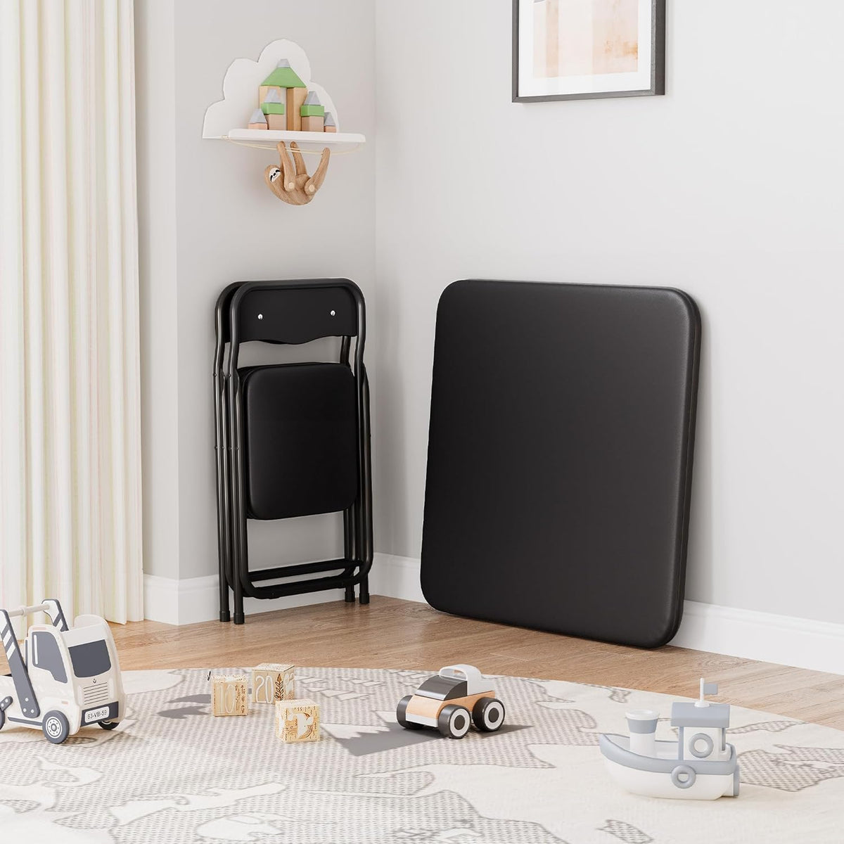 IDEALHOUSE Boys and Girls Folding Table and Chairs Set of 3, Portable Table and Chair with Pu Soft Cushion,Suitable for Eating,Reading and Playing (Black)