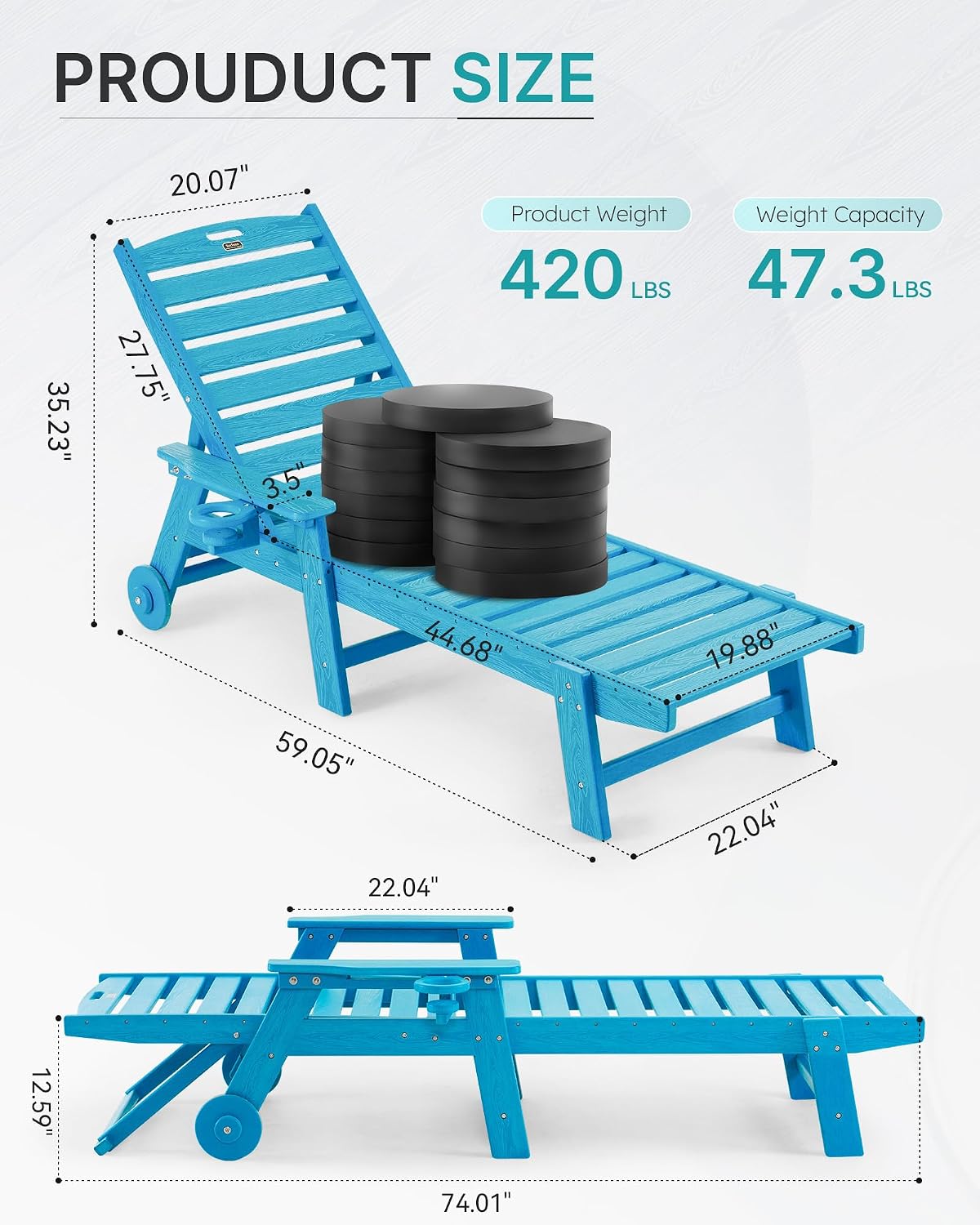 Patio Chaise Lounge Chair Outdoor with Wheels, Oversize Patio Lounge Chairs with Wood Texture, HDPE 6-Position Plastic Lounge Chairs for Poolside, Patio, Deck, Beach,Blue