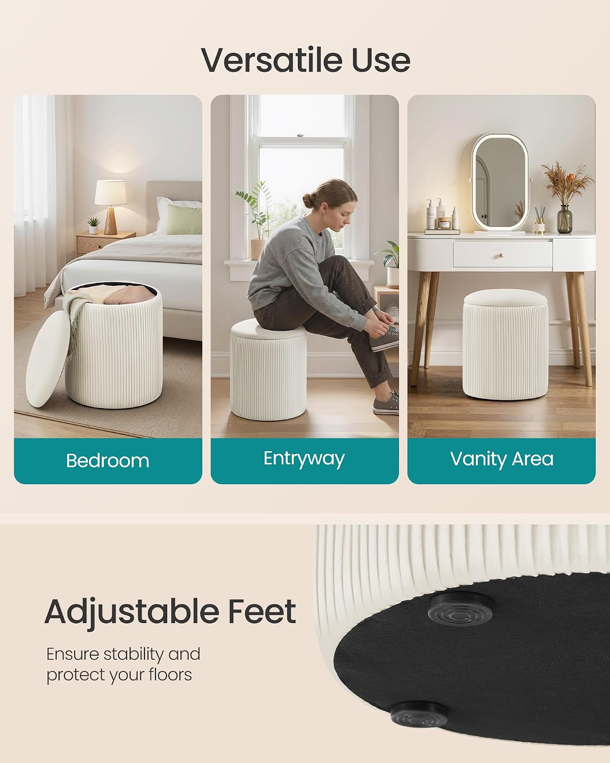 SONGMICS Vanity Stool, Set of 2, Round Storage Ottoman, Velvet | Small Coffee Table, Removable Lid, Easy Assembly, for Living Room, Bedroom, Cream White, ISLAND Collection ULOM017WD01