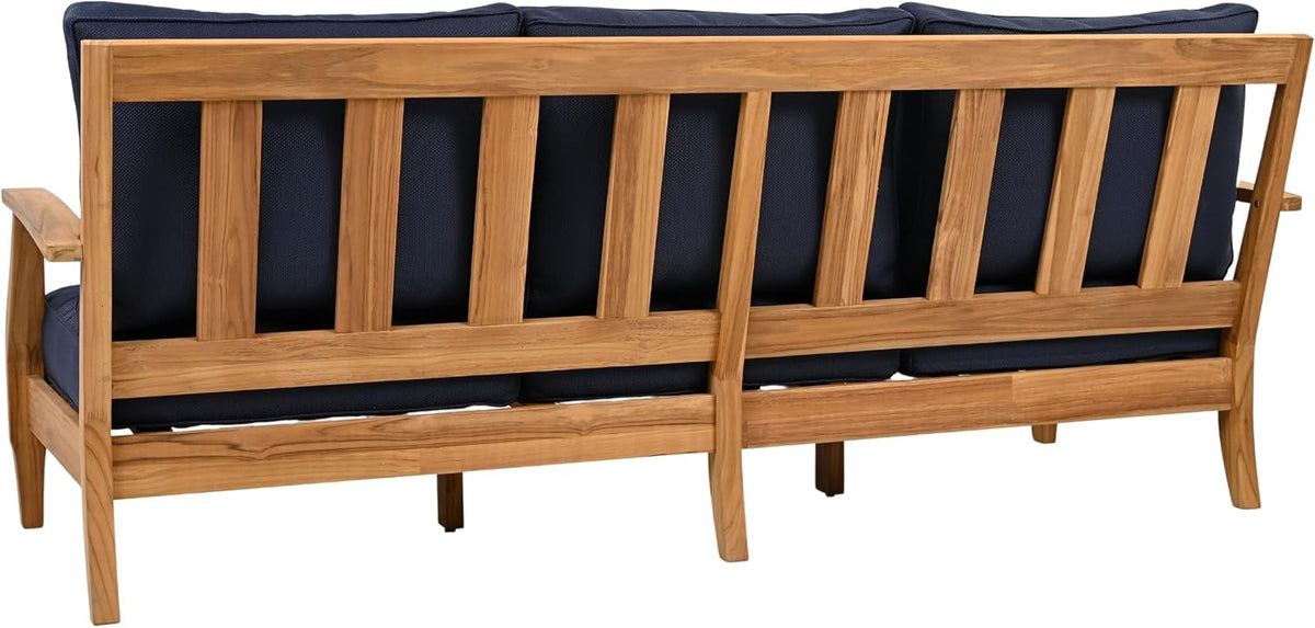 SAFAVIEH Couture Outdoor - Martinique 3-Seat Sofa - Natural & Navy - Teak Wood - Slatted Coastal Design - Ideal for Patio, Deck, Porch, Backyard, 18.3" Seat Height (CPT1013J)