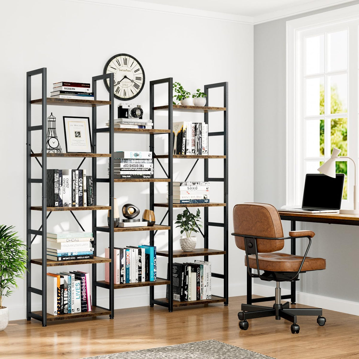 NUMENN Triple Column 5 Tier Bookshelf with 14 Adjustable Shelves, Vintage | Metal Frame & Wood Shelves, Open Freestanding Storage Unit with Supporting Bars for Bedroom, Living Room and Home Office