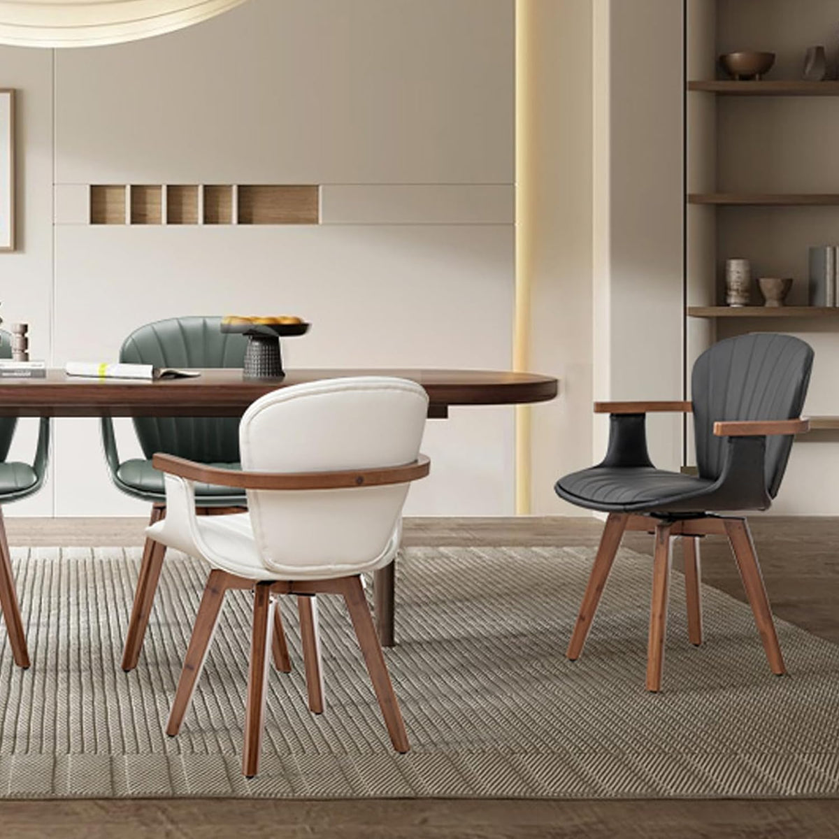 LUNLING Swivel Dining Chairs, Mid Century Modern Black Faux Leather Kitchen Chairs with Arms,Bamboo Legs Side Chairs No Wheels,Accent Chair for Dining Rooms and Offices,1PCS