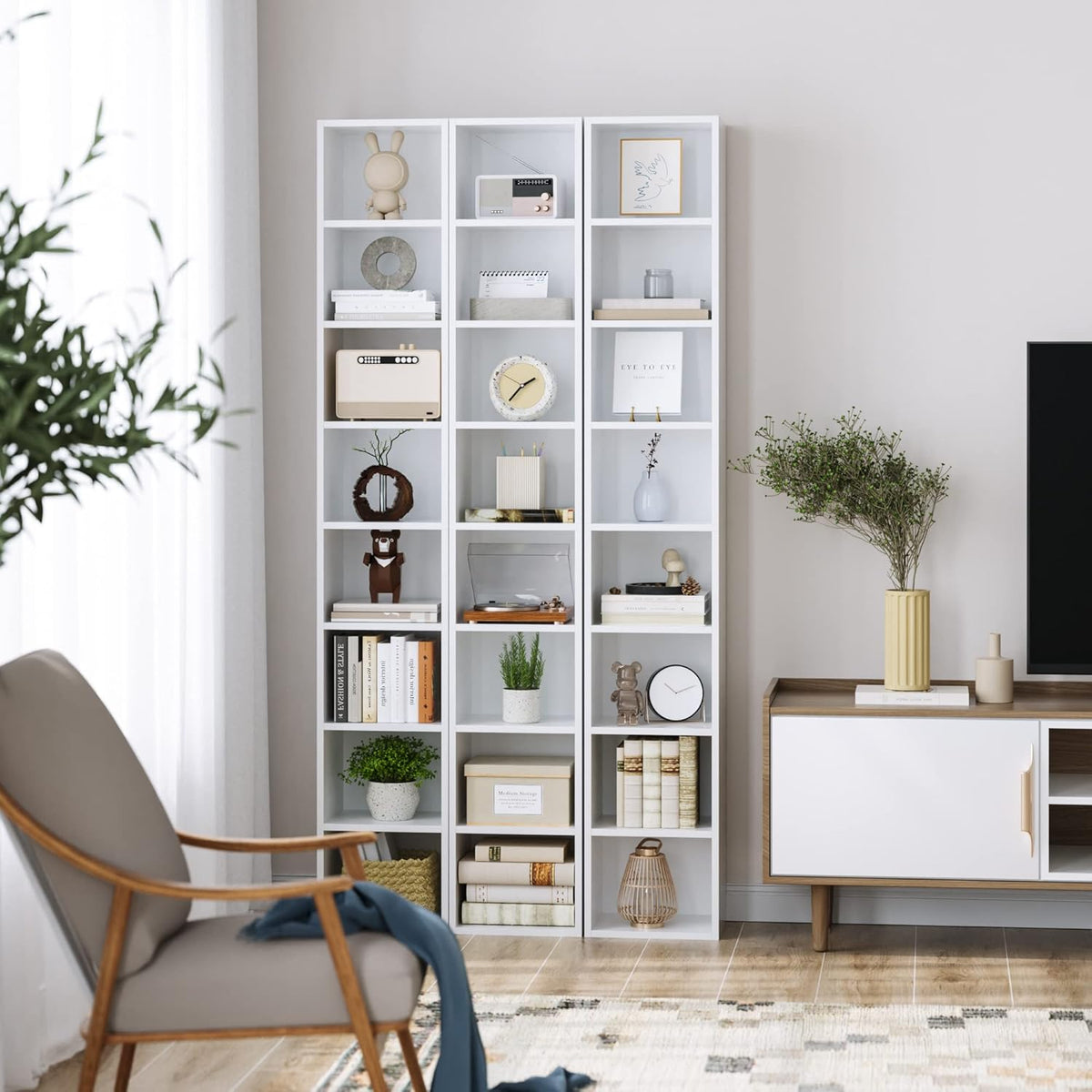 FOTOSOK White Bookshelf 8-Tier Narrow Bookshelf, 11.6 X 9.3 X 70.9 Tall CD DVD Media Tower Rack with 4 Adjustable Shelves, Tall Narrow Bookcase Slim Display Bookshelf with Cube Storage for Home Office