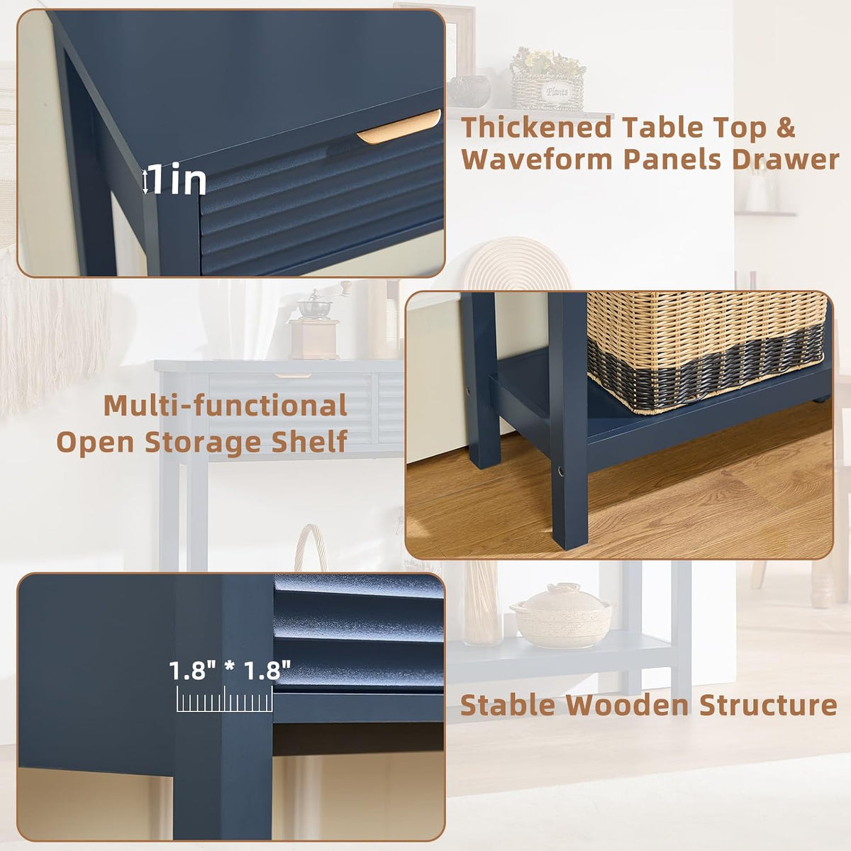 LEYAOYAO Fluted 47.2" Console Table with 3 Drawers, Modern Wood 2 Tier Entryway Table with Open Storage Shelf, Sofa Entry Tables Behind Couch for Living Room, Hallway, Entrance Foyer, Dark Navy Blue