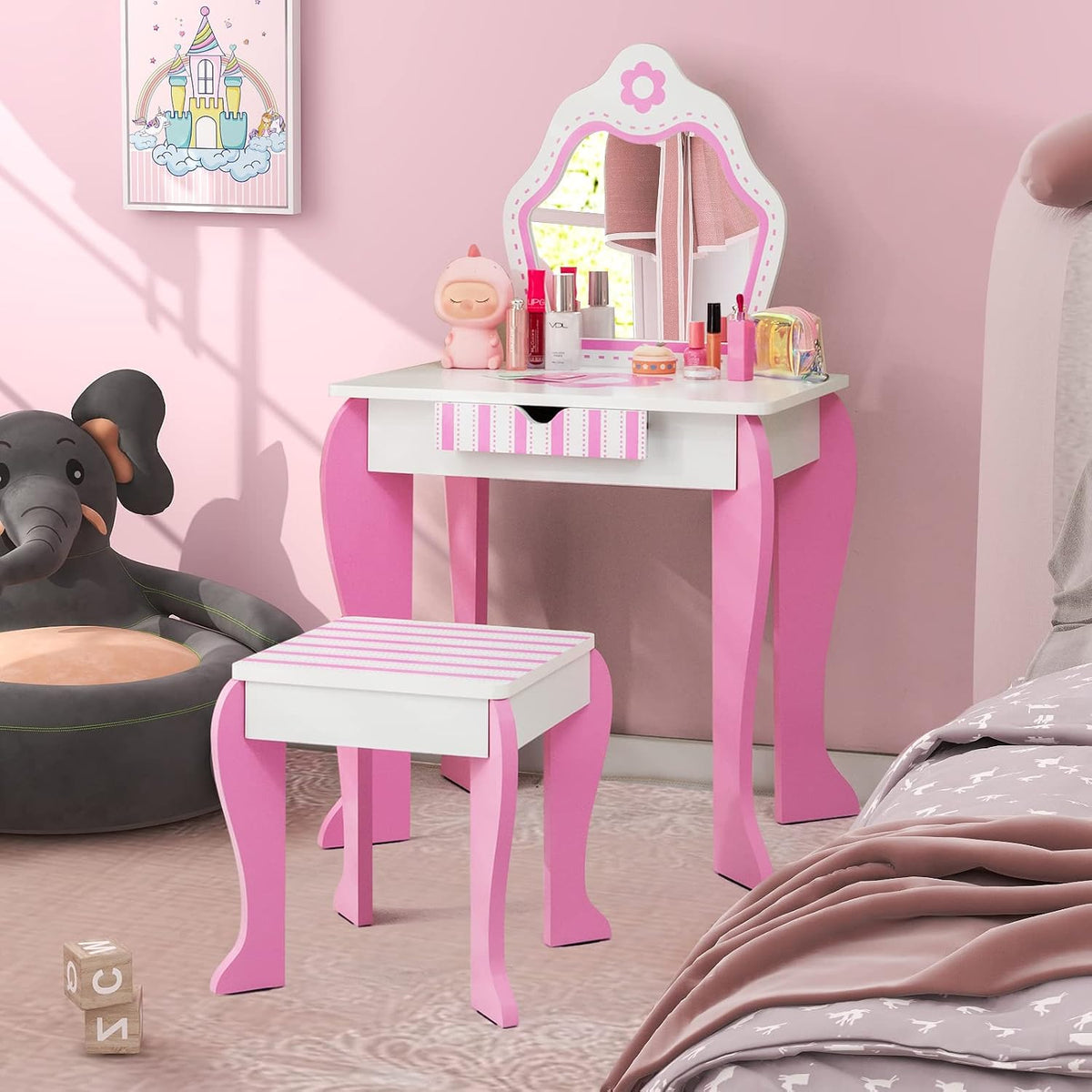 Costzon Kids Vanity, Girls Vanity Set with Mirror and Stool, Storage Drawer, Wooden Princess Makeup Dressing Table, Kids Vanity Table and Chair Set