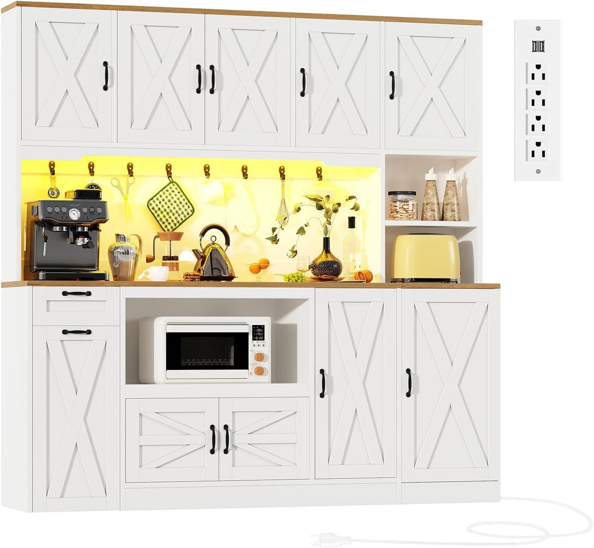 70.87" Kitchen Pantry Cabinet with LED Lighting & Charging Station, Farmhouse Storage Cabinet with X Barn Doors, Pull-Out Shelf & Adjustable Shelves, Coffee Bar Pantry for Dining Room, White