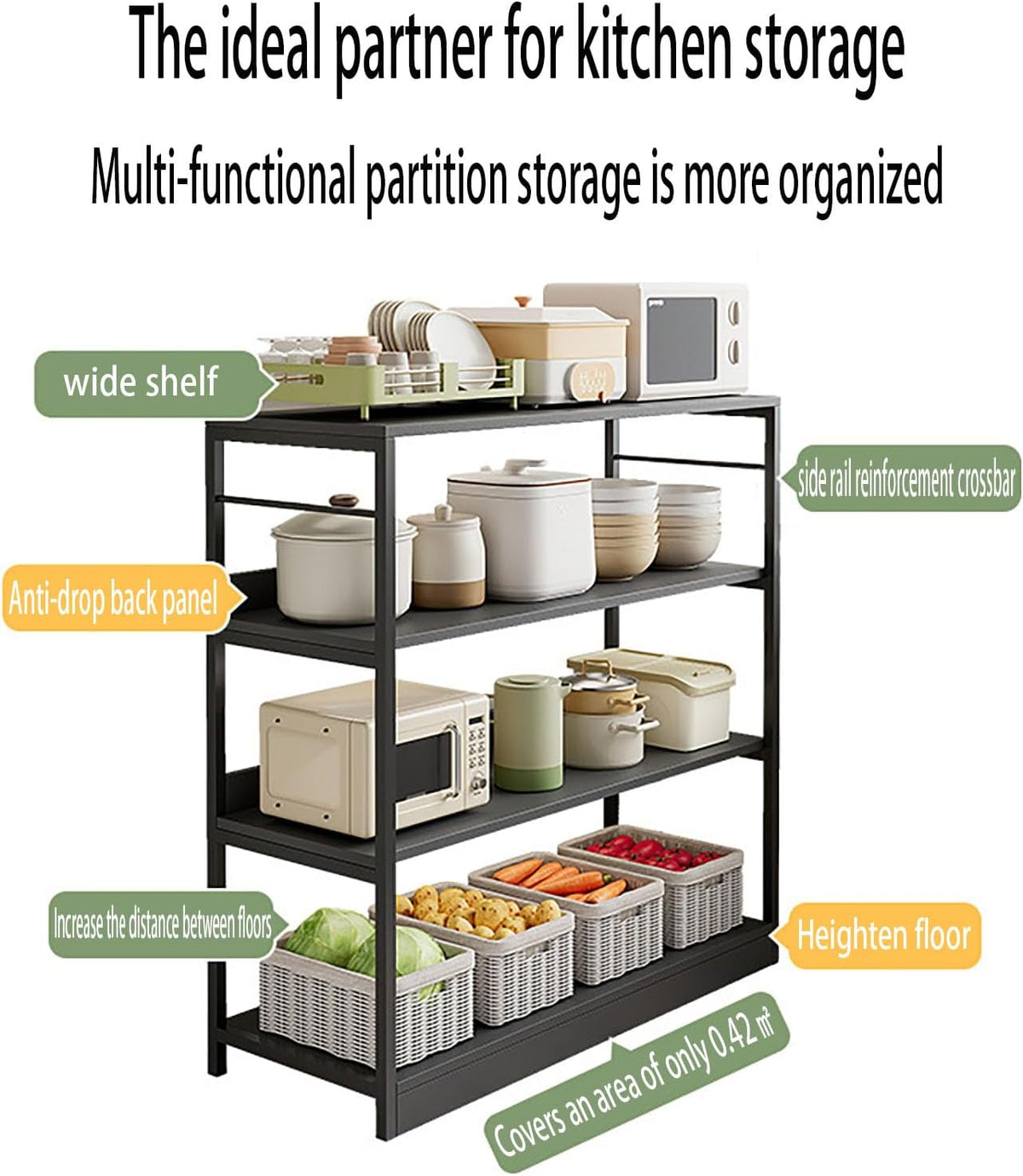 Kitchen Shelf, Floor-Standing Shelf, Shelf, Countertop Kitchen, Multi-Layer Large-Capacity Storage Rack, Multifunctional Pot Oven Microwave Rack 80 * 35 * 80cm Fourlayersofblack
