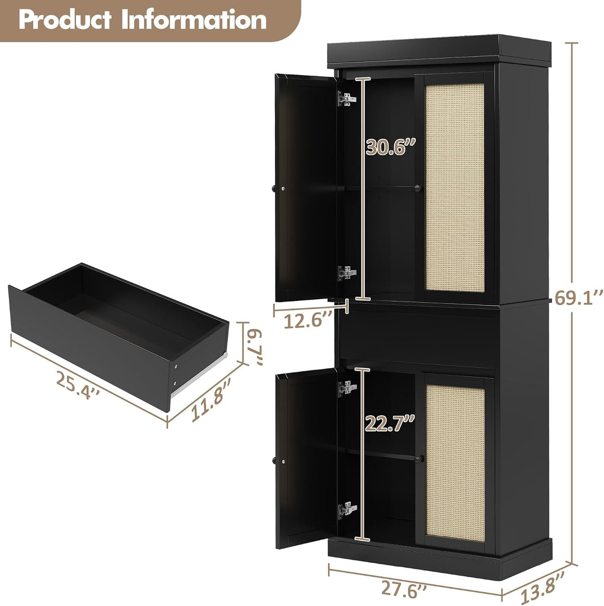 CABIHOME 35.43×16.54×9.45 Inch Entryway Storage Cabinet, MDF+PB+Iron with Rattan Doors & Adjustable Shelves, Freestanding Pantry for Living Room