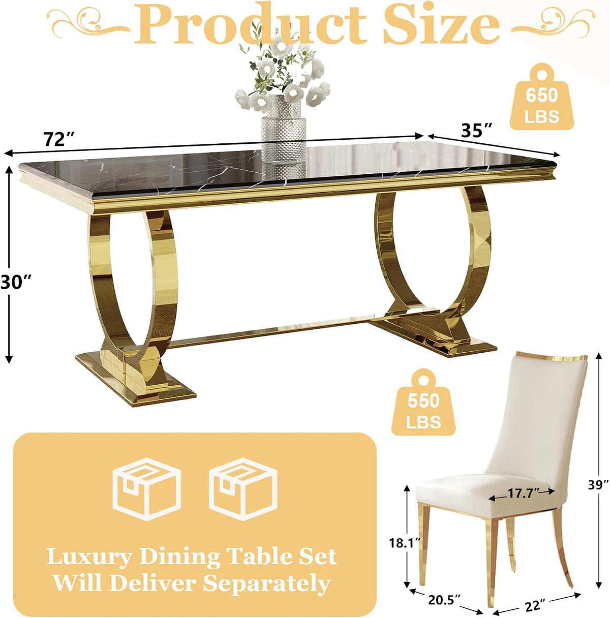7 Piece Dining Room Table Set for 6, Kitchen and Dining Room Table Set with 70" Gold Rectangular Dining Table and 6 White Velvet Upholstered Dining Chairs