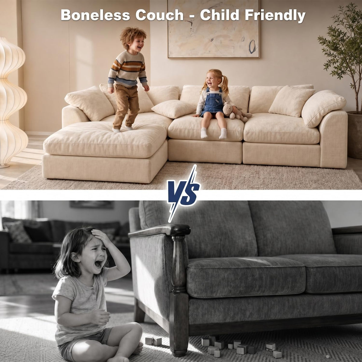 Oversized Cloud Couch Sectional Sofa for Living Room, Modular L Shaped Chenille Sofa with Chaise Lounge, Deep Seat Convertible Couch, Compressed No Assembly Floor Sofa (White)