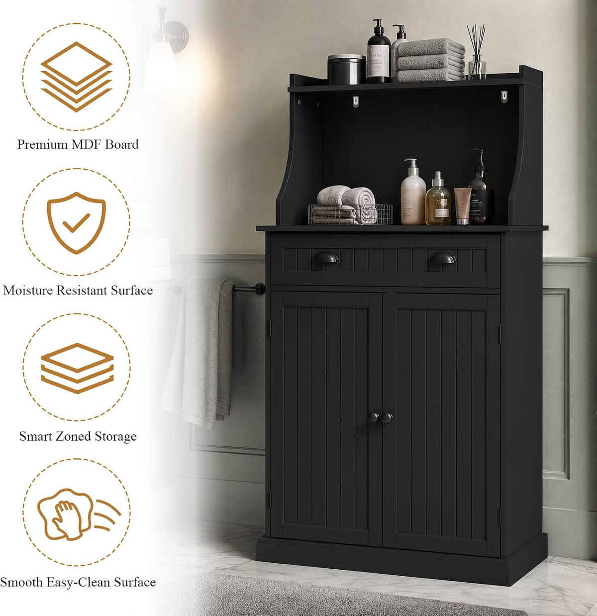 HOLTICO 54" Microwave Storage Cabinet with Doors, Black | Freestanding Kitchen Pantry with Drawer, Coffee Bar Station with Cable Management