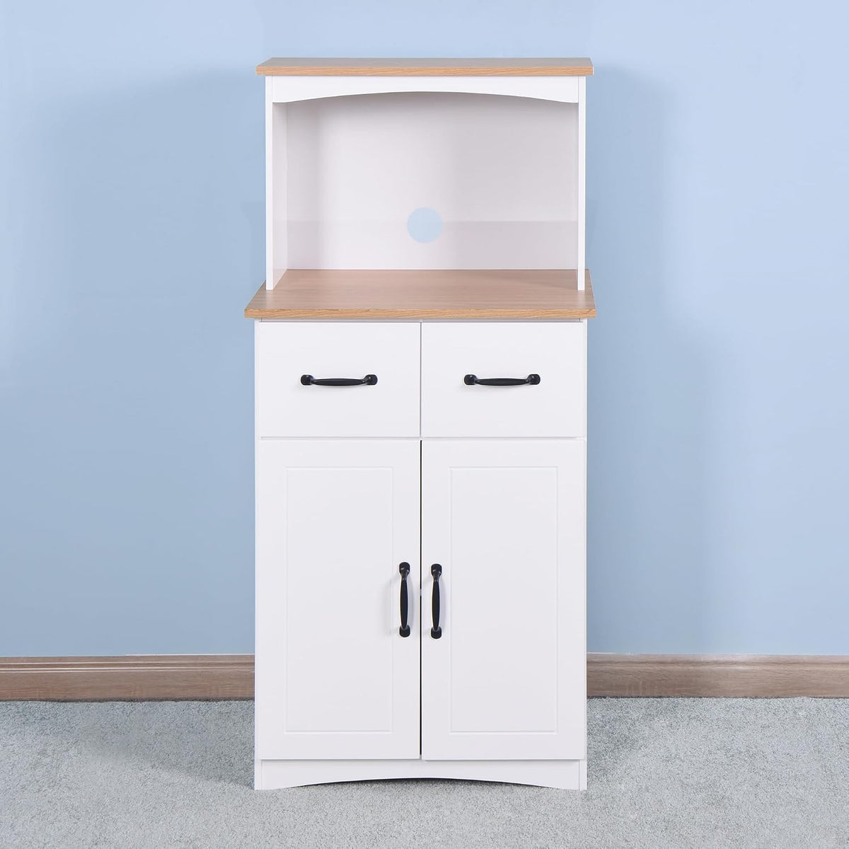 GDFStudio Wooden Kitchen Pantry Cabinet with Microwave Stand & Storage Drawer, Modern MDF Storage Cabinet with Adjustable Shelf, 2 Doors, Rectangle Home Organization Cupboard, White