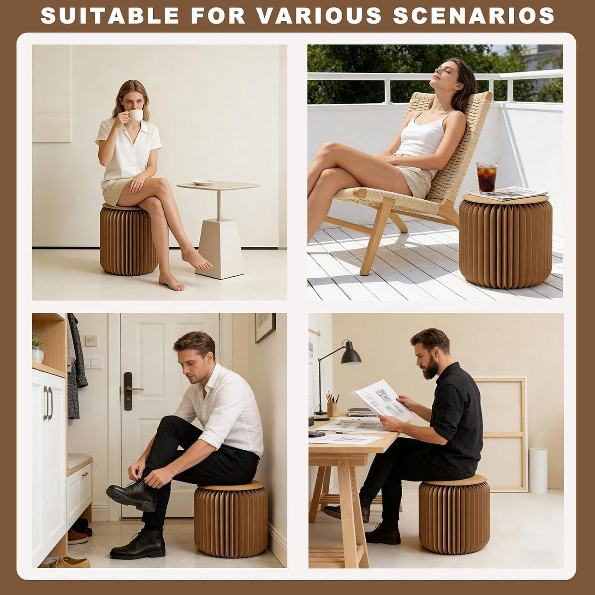 Foldable Stool — Paper Foldable Stool,Folding Paper Stool, (Book-Sized) ,11 Inches High ,Made from Eco-Friendly Kraft Paper , Ideal for Home & Travel , Supports Up to 660 lbs ,Brown