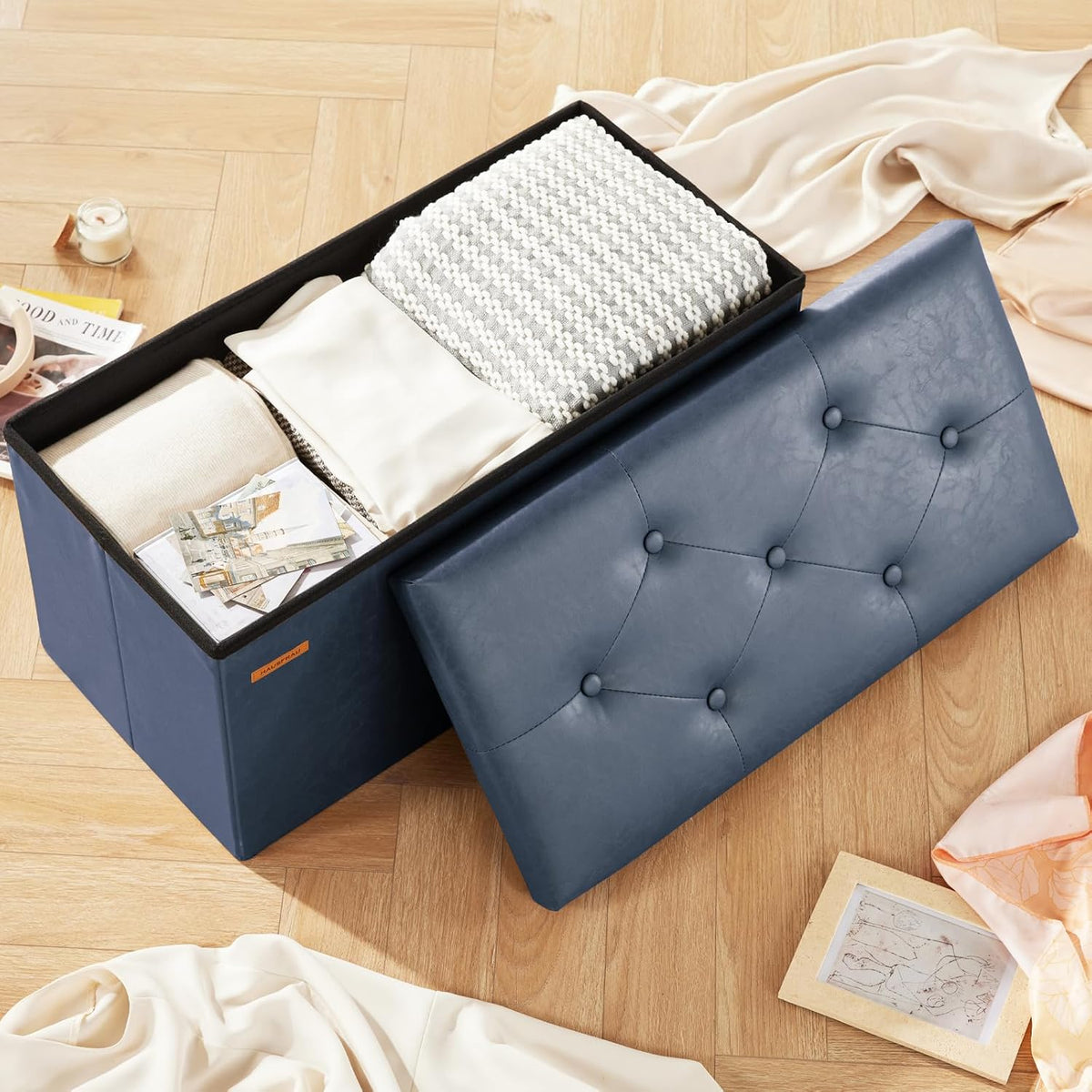 HAUSFRAU - Storage Ottoman Bench, 30 Inches Button Tufted Upholstered Ottoman Footstool with Storage for Living Room Bedroom Entryway, Load 660 lb, Synthetic Leather, Navy Blue