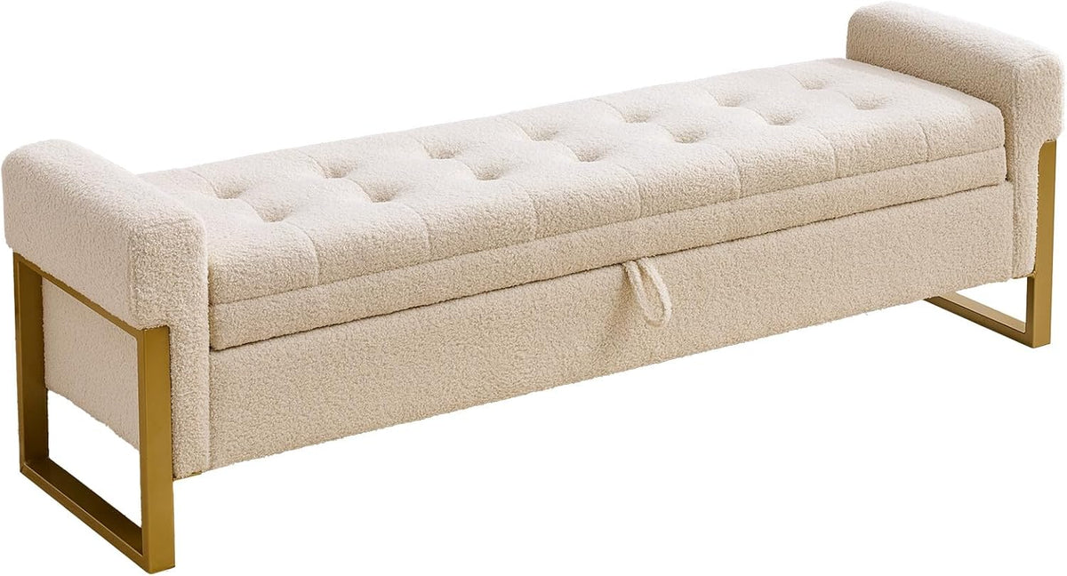 67" End of Bed Storage Bench King Size, Bench for Bedroom Foot of Bed, Upholstered Teddy Storage Ottoman with Gold Legs for Window Living Room, Teddy Beige
