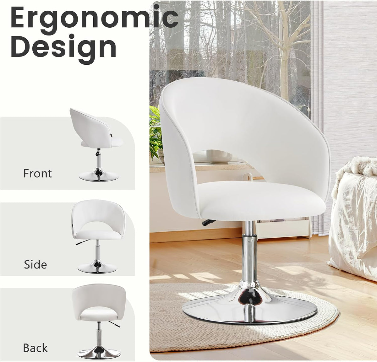 Furniliving Makeup Vanity Chair, Flexible Round-Back Accent Chair with Plated Frame, Height Adjustable Swivel Chairs for Bedroom Charming Chair, Living Room, Office, PU, White