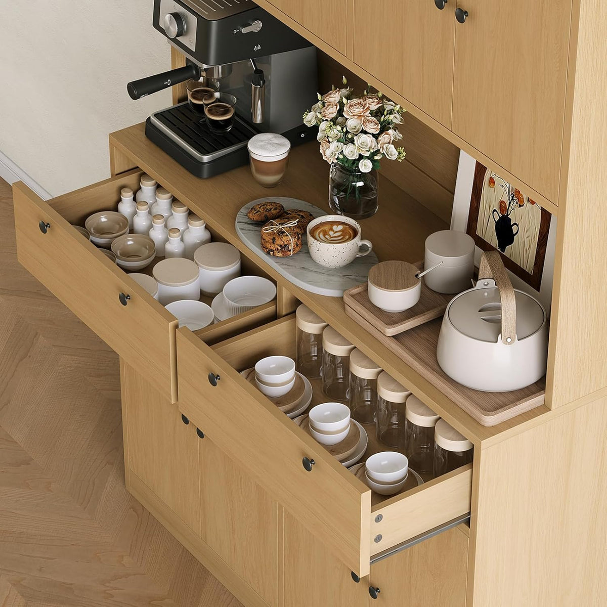 Modern Tall Kitchen Pantry Cabinet with Charging Station - 71" Height, 47" Wide Hutch, 2 Drawers, 8 Doors, Adjustable Shelves, Countertop - Dining Room or Kitchen Storage - Natural Wood