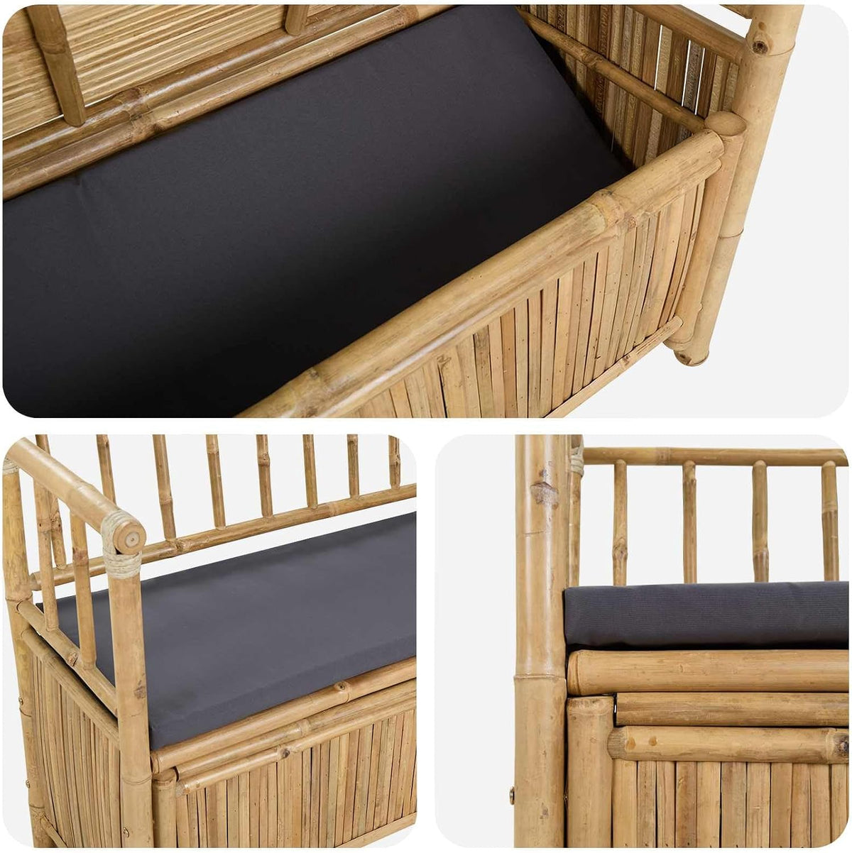 Natural Bamboo Garden Storage Bench 110x47x80 cm, Outdoor Patio Seat with Hidden Storage Compartment, Post Leg Design for Modern or Rustic Decor, Easy Assembly Required
