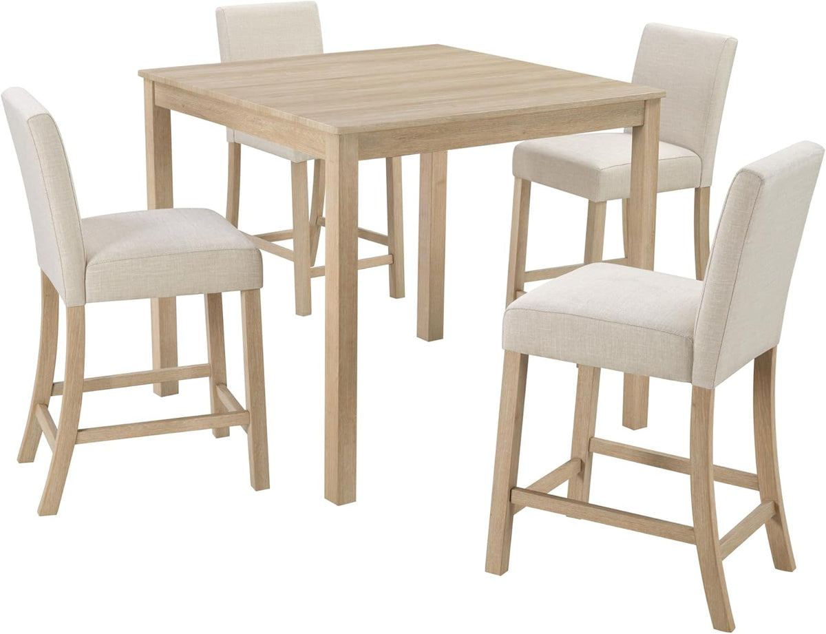 RuiSiSi 5-Piece Counter Height Dining Table Set, Square Dining Table White with 4 Upholstered Chairs, Solid Wood Kitchen Table and Chairs Set for Kitchen, Light Oak + Beige