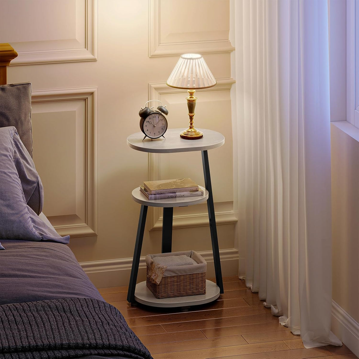 Kalrin Side Table, Small End Table with Metal Frame, 3-Tier Bedside Tables, Round Side Tables for Living Room Bedroom Couch Bathroom, Oval, White Maple
