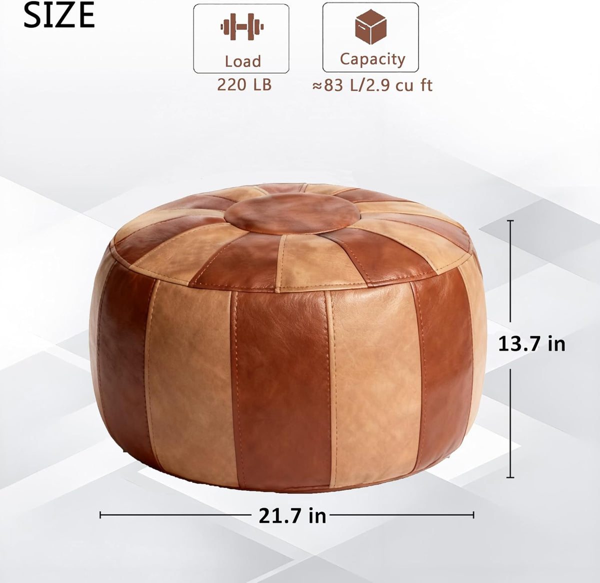 Thgonwid Unstuffed Moroccan Storage Pouf Foot Stool Ottoman Seat Handmade Faux Leather Bean Bag Floor Chair Foot Rest for Living Room, Bedroom or Balcony (Brown & Khaki)