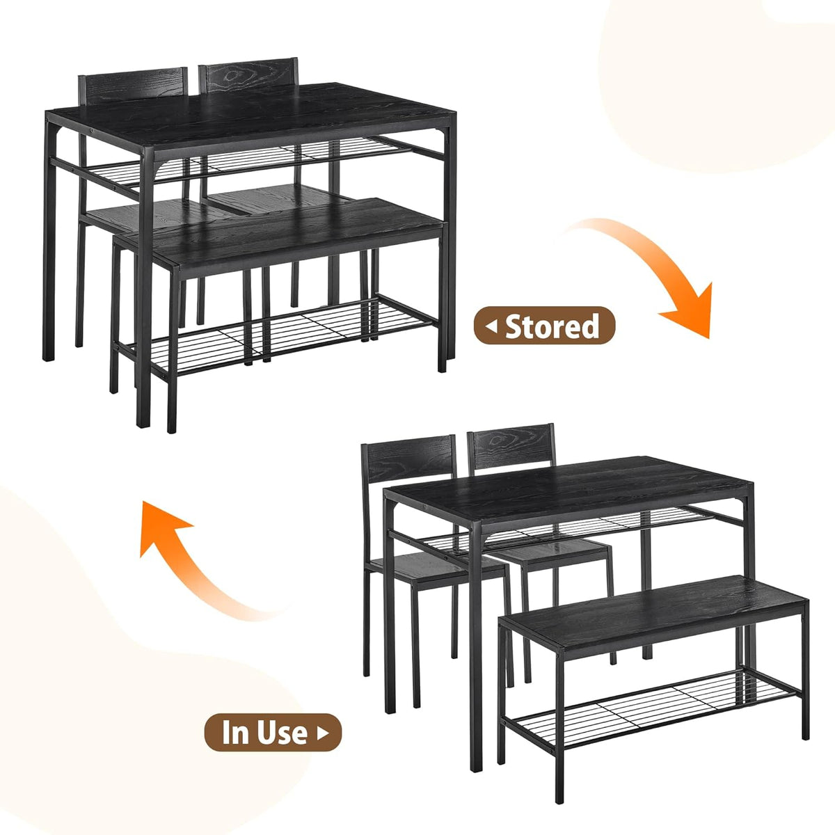 VECELO Kitchen Dining Room Table with 2 Chairs & Bench, Compact Space-Saving Design, Easy Assembly Steel Frame, Perfect for Small Apartments & Breakfast Nooks,Industrial