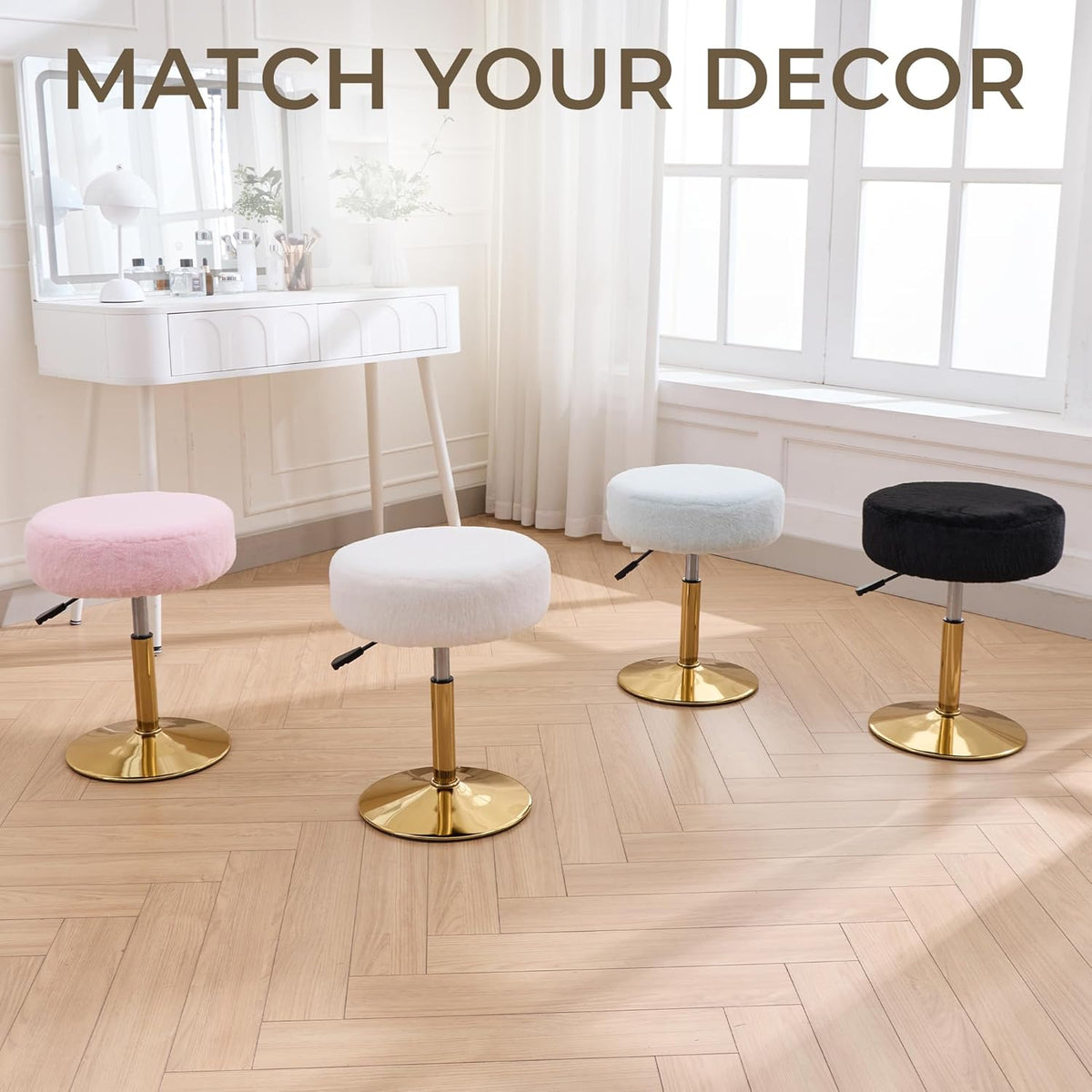 Vanity Chair Adjustable Vanity Stool for Vanity Swivel Vanity Stool Chair Ottoman Gold Base White