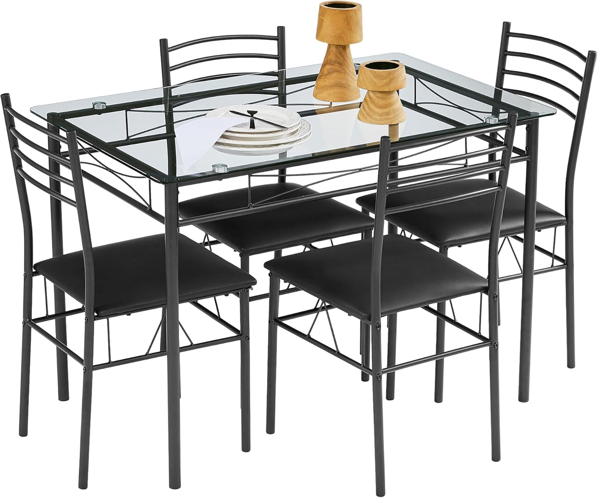 VECELO Dining Table Set for 4, 5-Piece Glass Kitchen Table with Upholstered Padded Chairs for Small Space, Breakfast Nook, Space-Saving, Black
