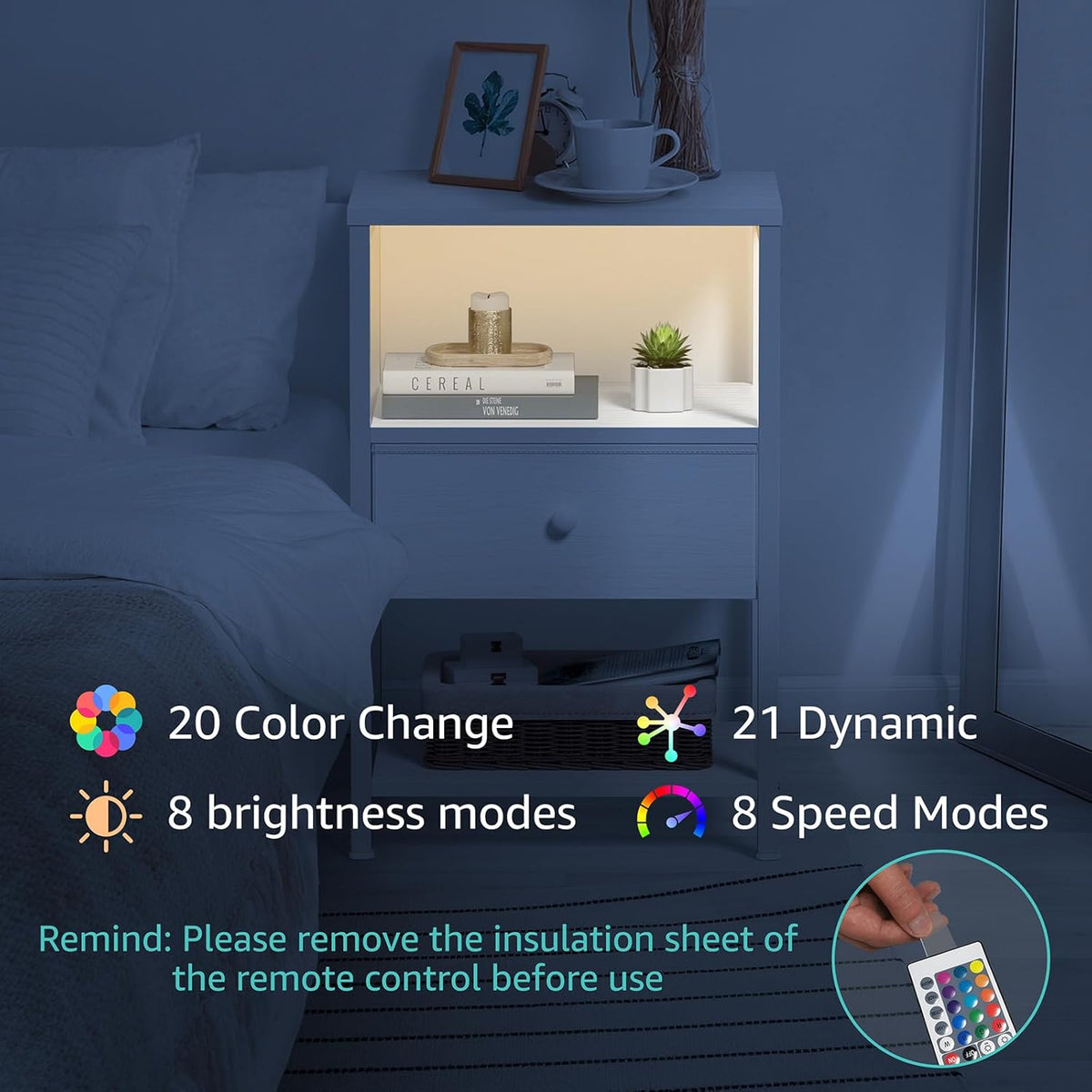 BOLUO White Nightstand with Charging Station, LED Night Stand with Fabric Drawers and Shelf, Bedside Table with USB Ports and Outlets, Bedroom Nightstand Modern