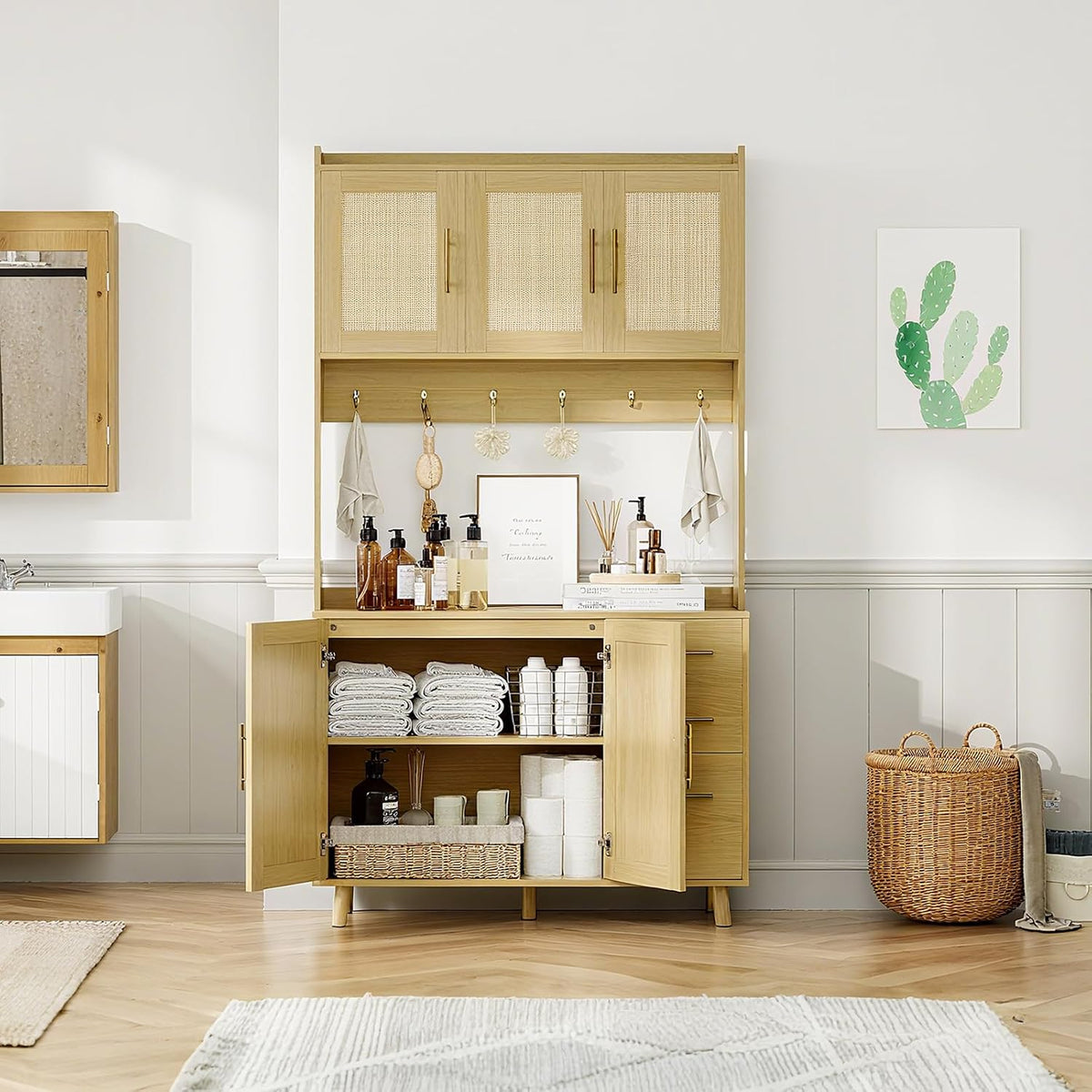 71" Tall Kitchen Pantry Cabinet with Storage, Freestanding Hutch Sideboard Buffet Cabinet with Rattan Door, 3 Drawers, 6 Hooks, Adjustable Shelves, Microwave Stand Countertop for Living Room
