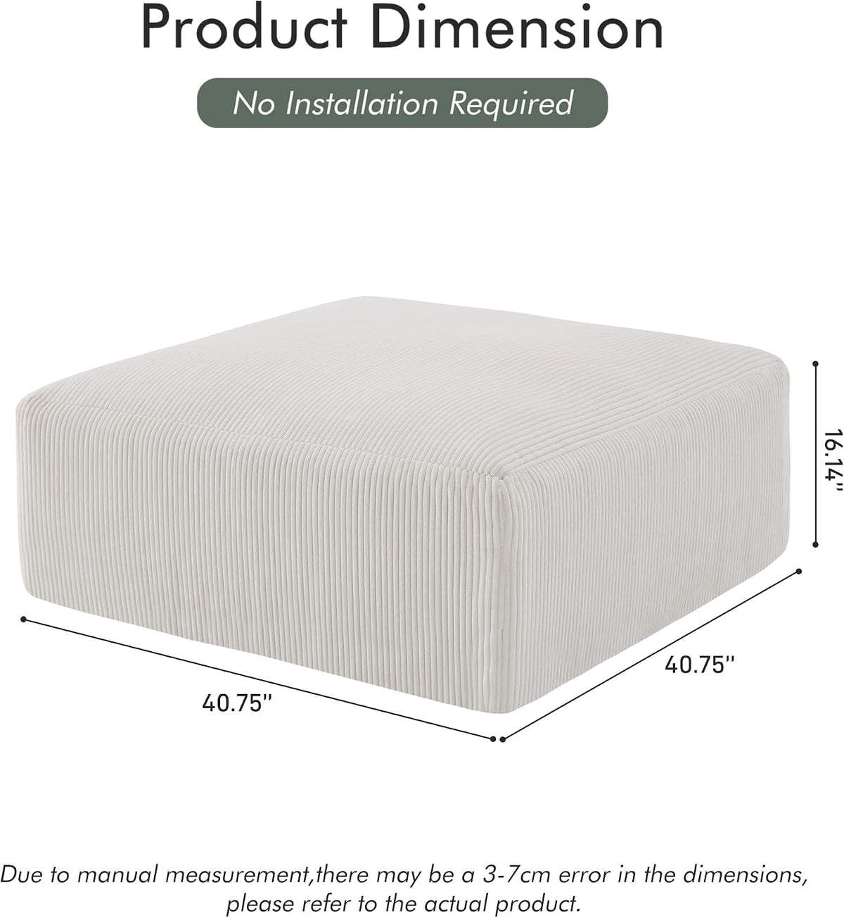 Gericco 113" Modular Sectional Couch, Cloud Sofa with Deep Seats, Upholstered Corduroy Square Stuffed Ottoman Pouf, 40 * 40 Inch Furry & Fluffy Movable Foot Stool for Living Room, Beige