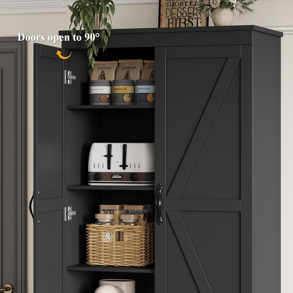 HOSTACK 70" Tall Kitchen Pantry Storage, Barn Doors Pantry Cabinet with Drawers and Adjustable Shelf, Modern Farmhouse Storage Cabinet for Kitchen, Dining Room, Living Room, Bathroom, Black