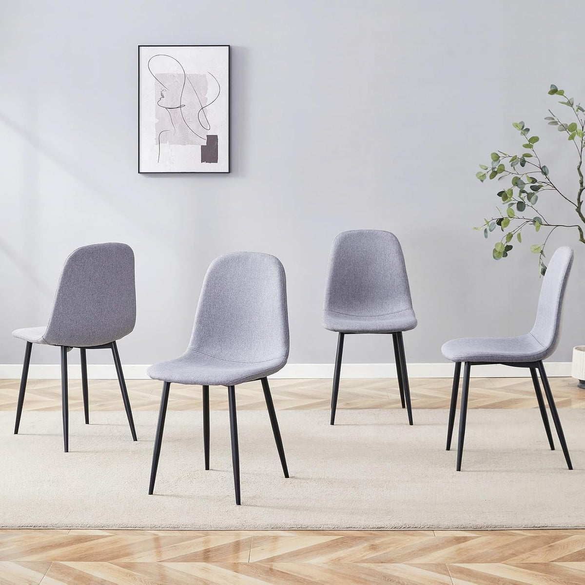 Modern Linen Dining Chairs Set of 4, Luxury Upholstered Kitchen Chairs with High Resilience Foam & Integral Black Metal Legs, Mid-Century Side Chairs for Dining Room, Vanity, Light Grey