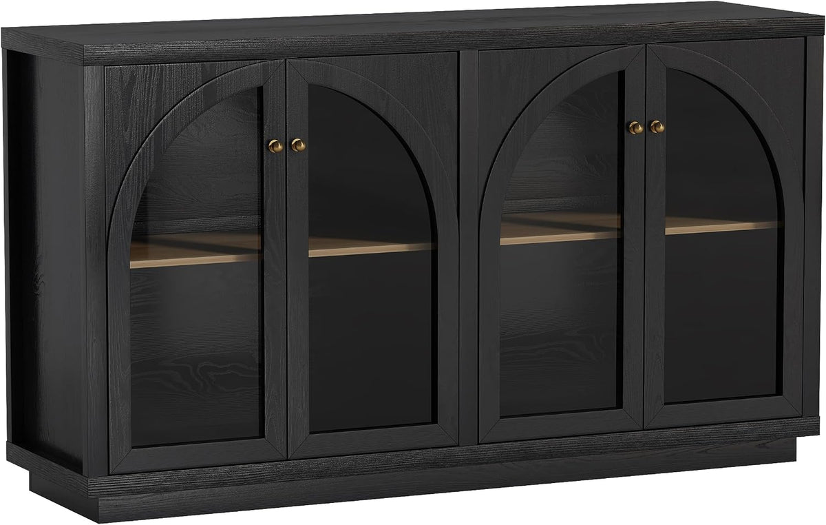 Arched Sideboard Buffet Cabinet with 4 Doors, Modern Accent Storage Cabinet with Adjustable Shelves, Boho Console Table Bar Cabinet Storage Credenza for Living Room, Black/Oak