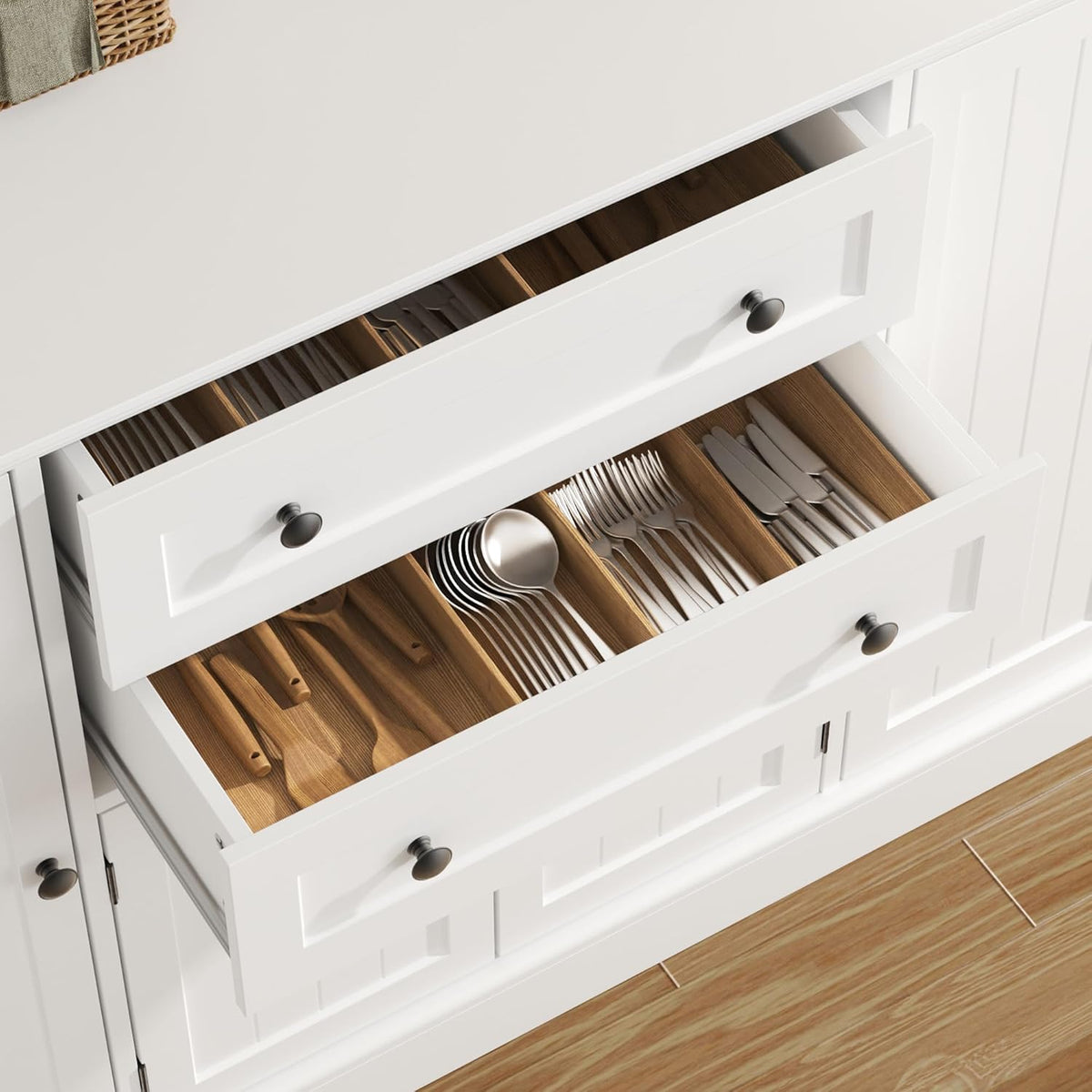 Farmhouse 47" Buffet Cabinet with Storage,Large Sideboard Buffet with Drawers and Adjustable Shelves, Rustic Coffee Bar Cabinet for Kitchen, White