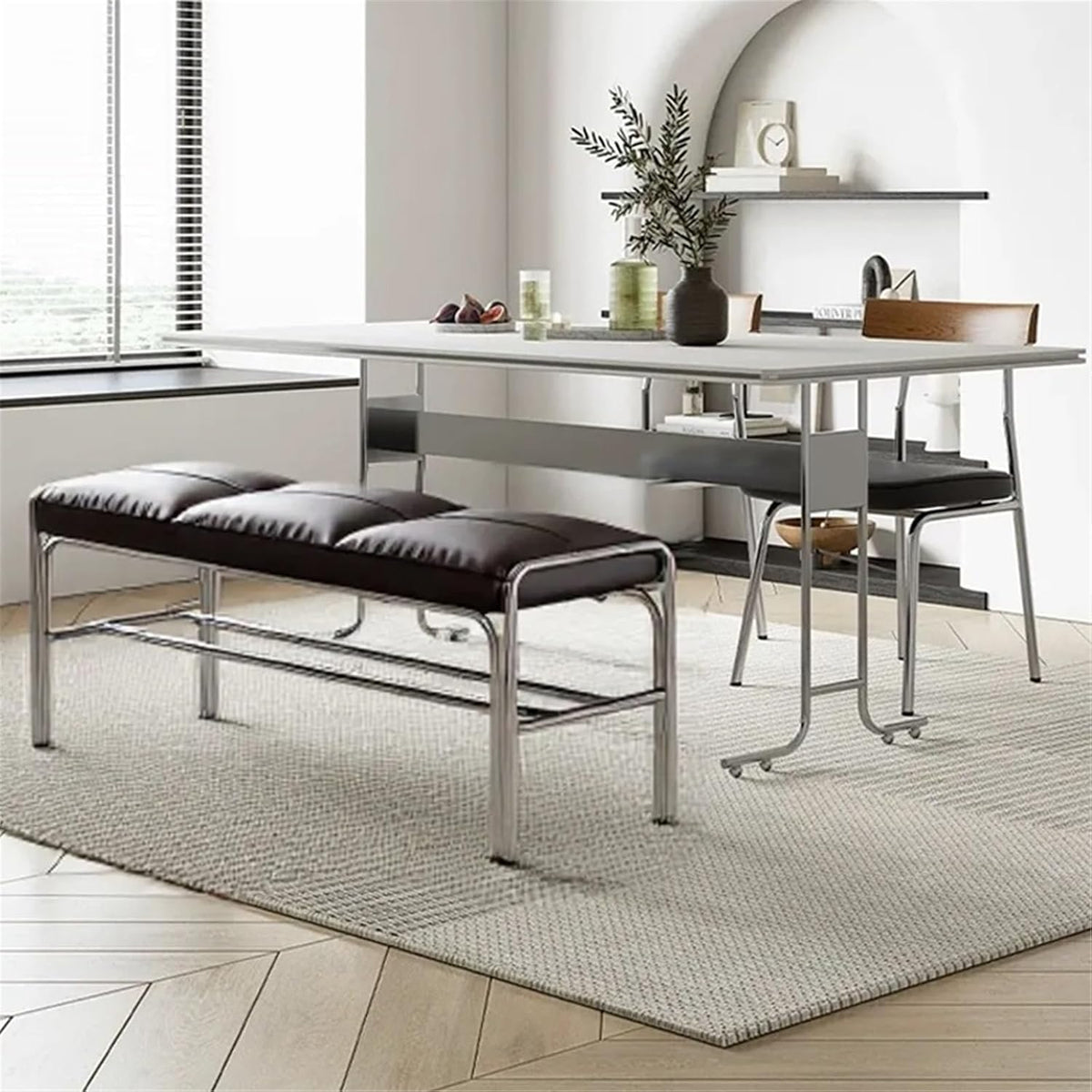 Modern Stainless Steel Long Bench with Leather Cushion Home-use Soft-Pack Shoe Changing Stool Black Entryway(Medium)
