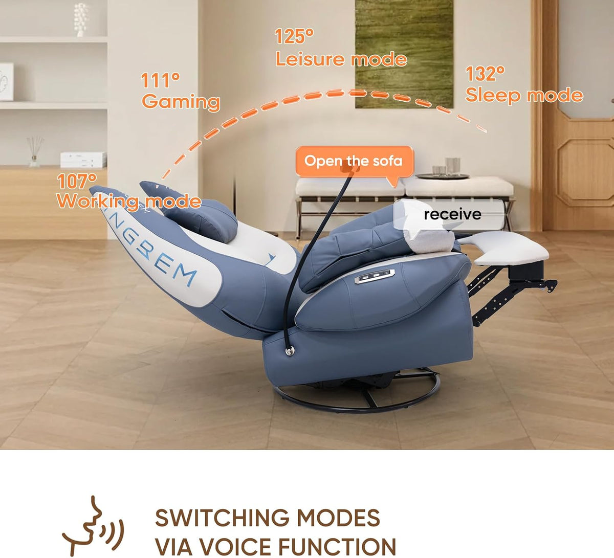 INGREM Smart Recliner with Adjustable Settings, Voice-Activated Home Theater Gaming Seat Rocker, Electric Lounge Chair Featuring USB Port ,Phone Holder and Cat Claw Armrest (Leather Blue)