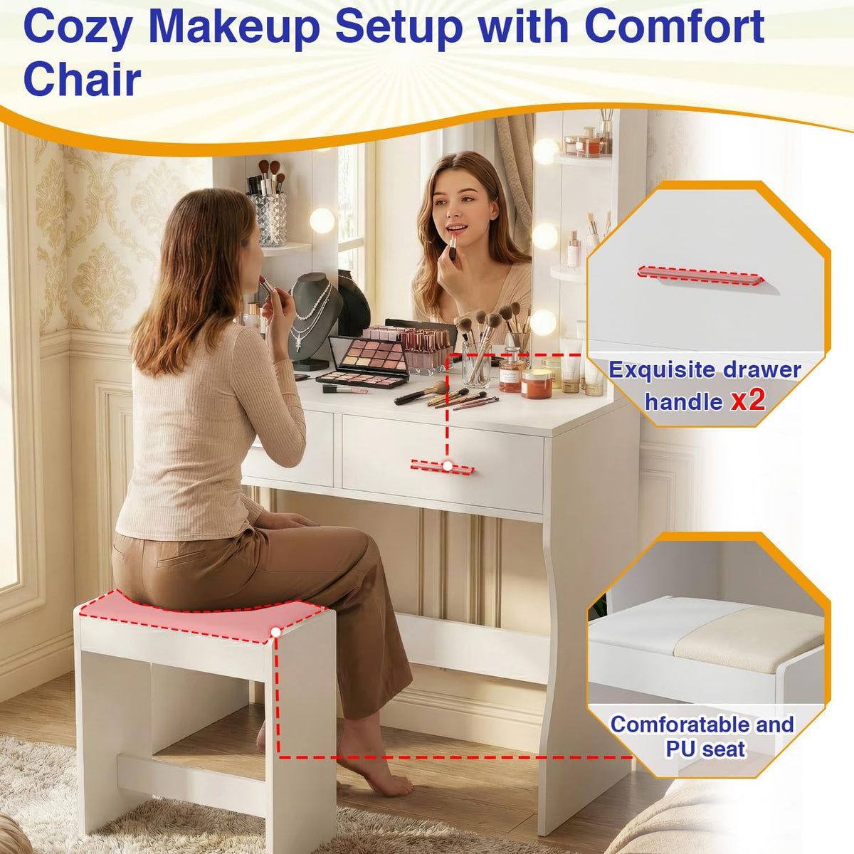 FDW Vanity Desk with Mirror and Lights, 2-Drawer Makeup Vanity Desk with 3 Adjustable Light Colors, 6 Shelves and Power Outlets for Bedroom, White