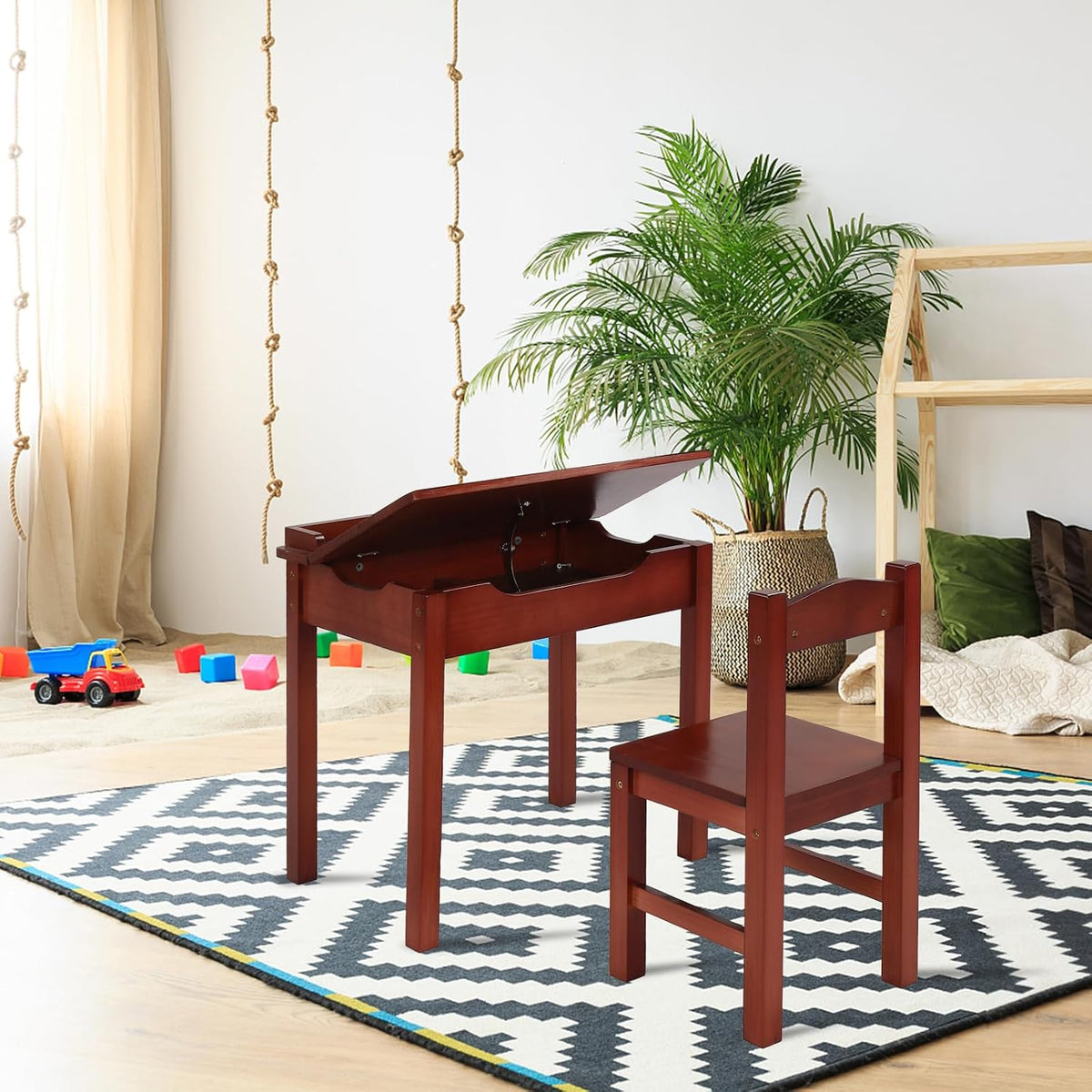 Kids Table and Chair Set, Flip Top Wood Study Desk w/Chair for Playroom, Wood Activity Table Set w/Storage Space for Arts, Crafts (Dark Coffee)