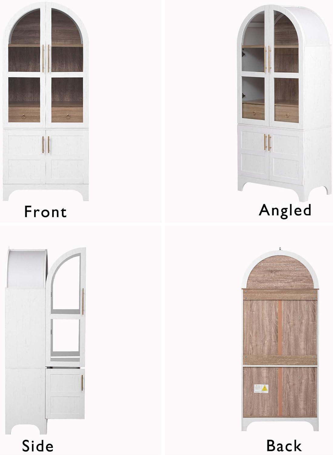71" Tall Arched Cabinet with Glass Doors, Farmhouse Kitchen Storage Cabinet with Hidden Drawer and Adjustable Shelves, Hutch Cabinets for Dining Room, Bathroom (White)