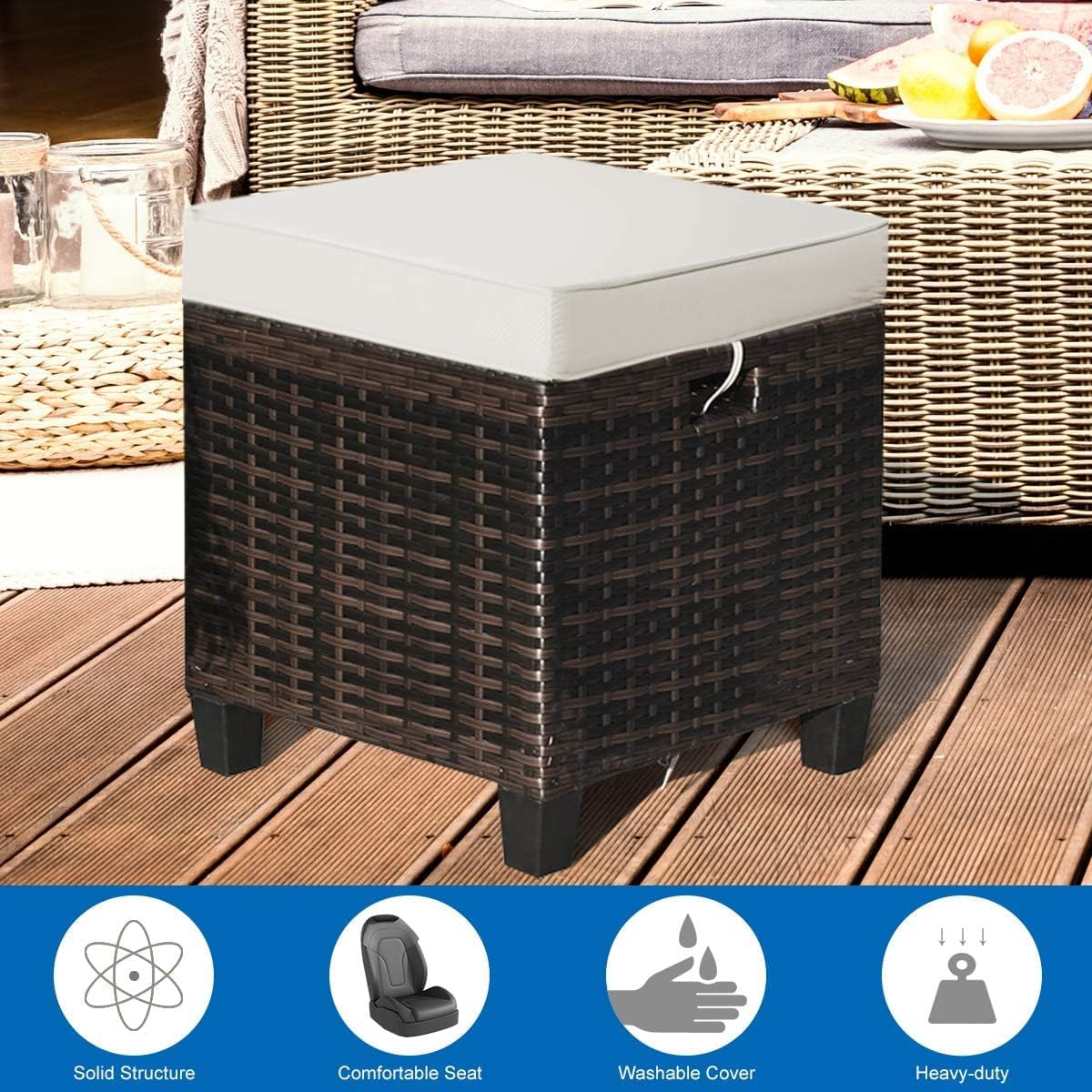 DORTALA Outdoor Ottoman Wicker 2 Piece, Patio Ottomans PE Rattan Foot Rest with Cushion for Couch, Chair, Brown