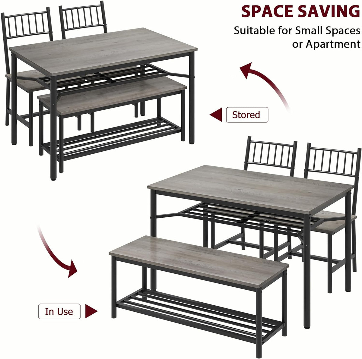 Dining Table Set for 4, Kitchen Table and Chairs for 4 with Wine Rack, Rectangular Dining Room Table Set with Bench, 4 Piece Dining Table Set for Small Space, Apartment, Retro Gray