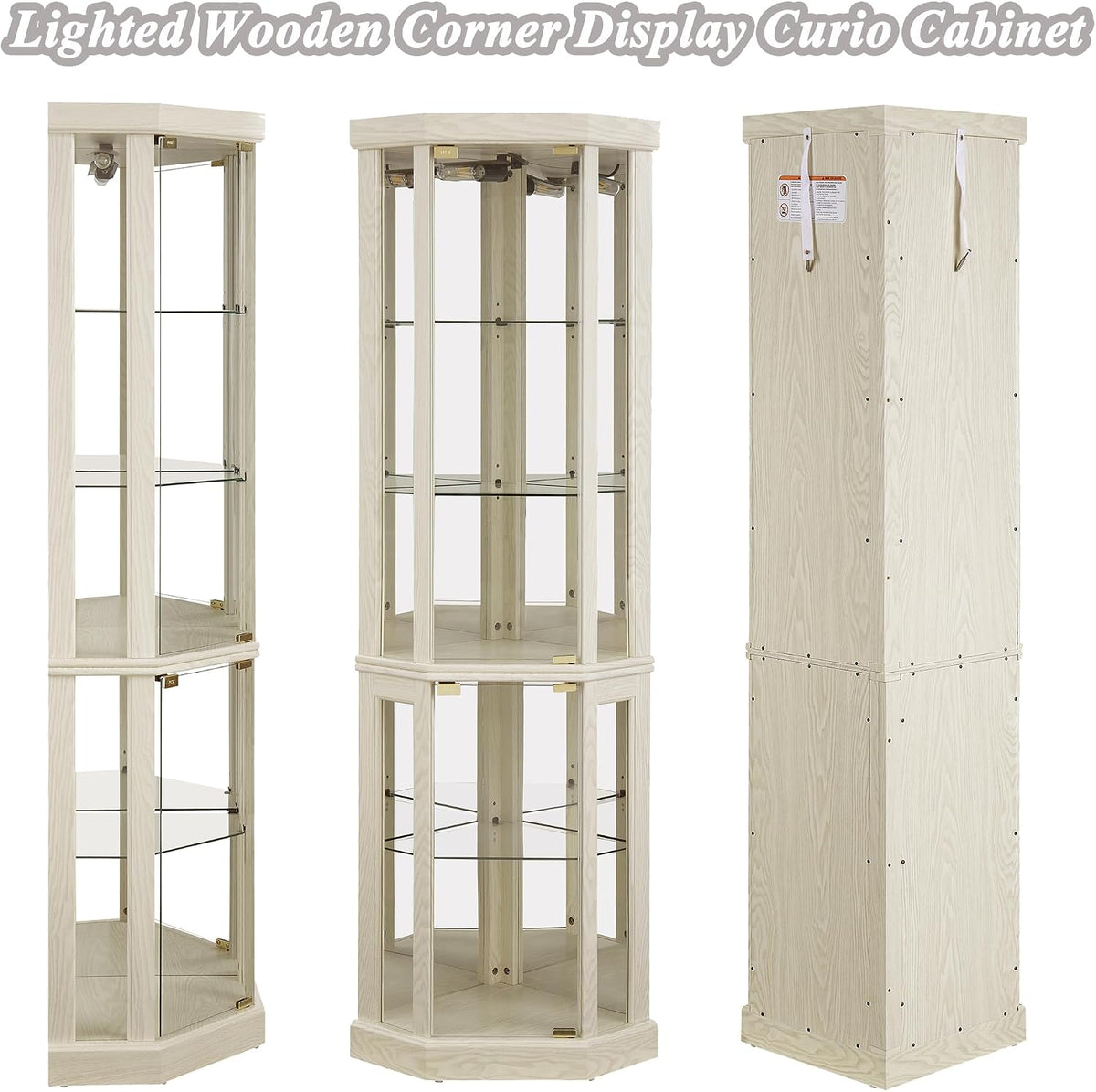 69" H Lighted Curio Cabinet Corner Display Case, Corner Glass Case with Adjustable Shelves and Tempered Glass, Wooden Curio Cabinet w/Mirrored Back Pane for Living Room